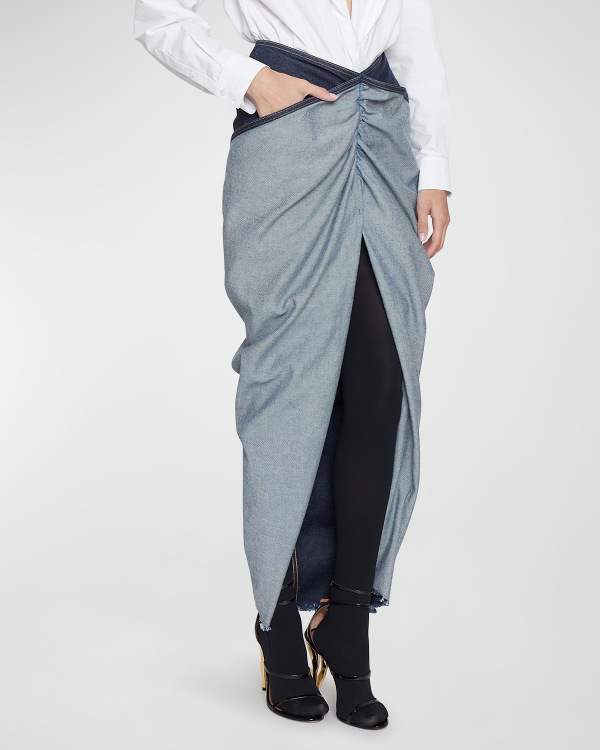 ALAÏA DRAPED DENIM MIDI SKIRT