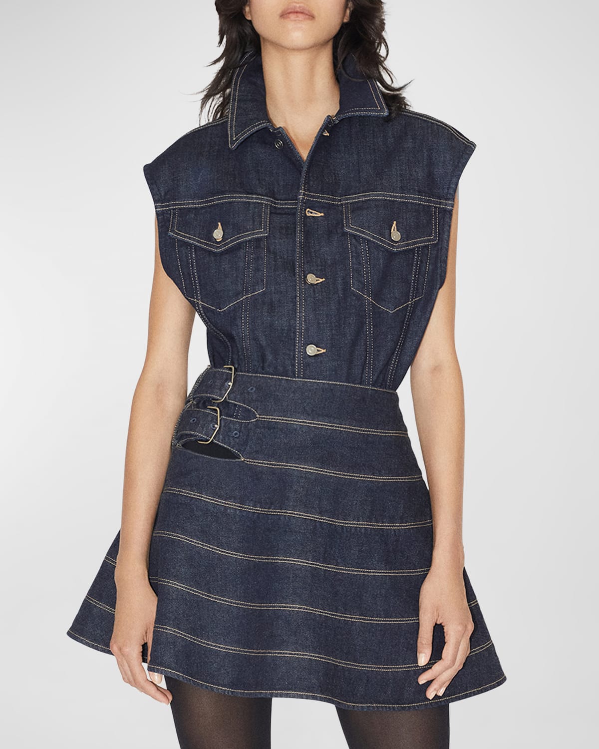 Alaïa Button-front Denim Bodysuit In Bleu Denim