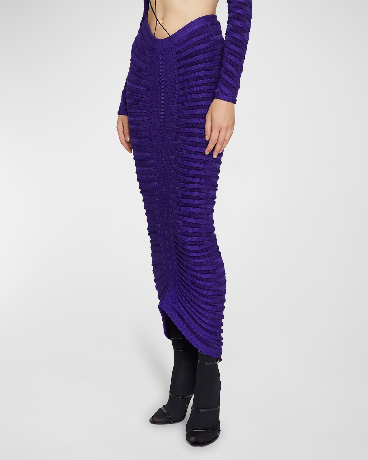 Alaïa Alaia Women's Ultraviolet Ribbed-pattern Ruched Velvet Midi Skirt In Ultraviolet