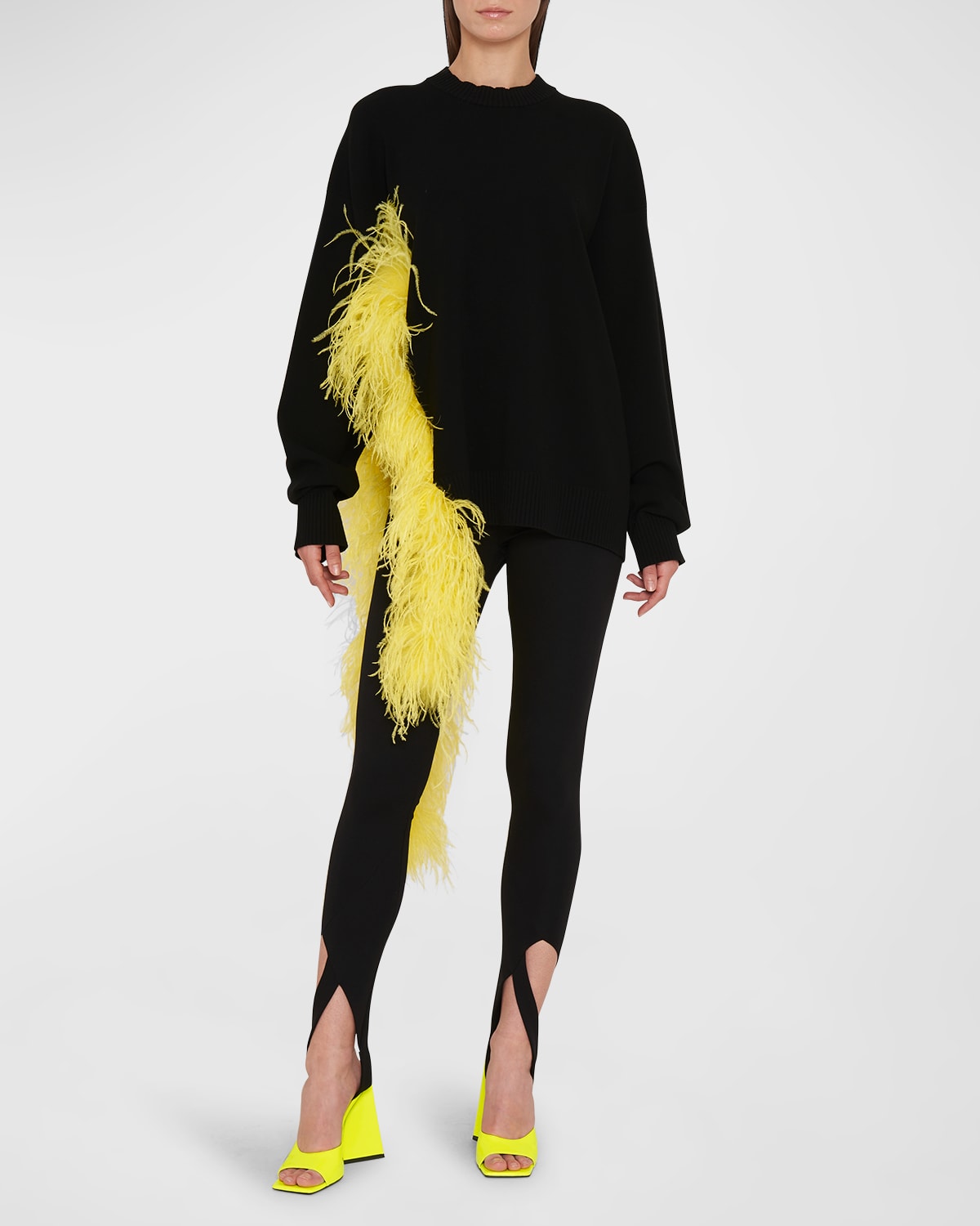 Attico Blanche Feather Trim Sweater In Black Viscose In Blackyellow