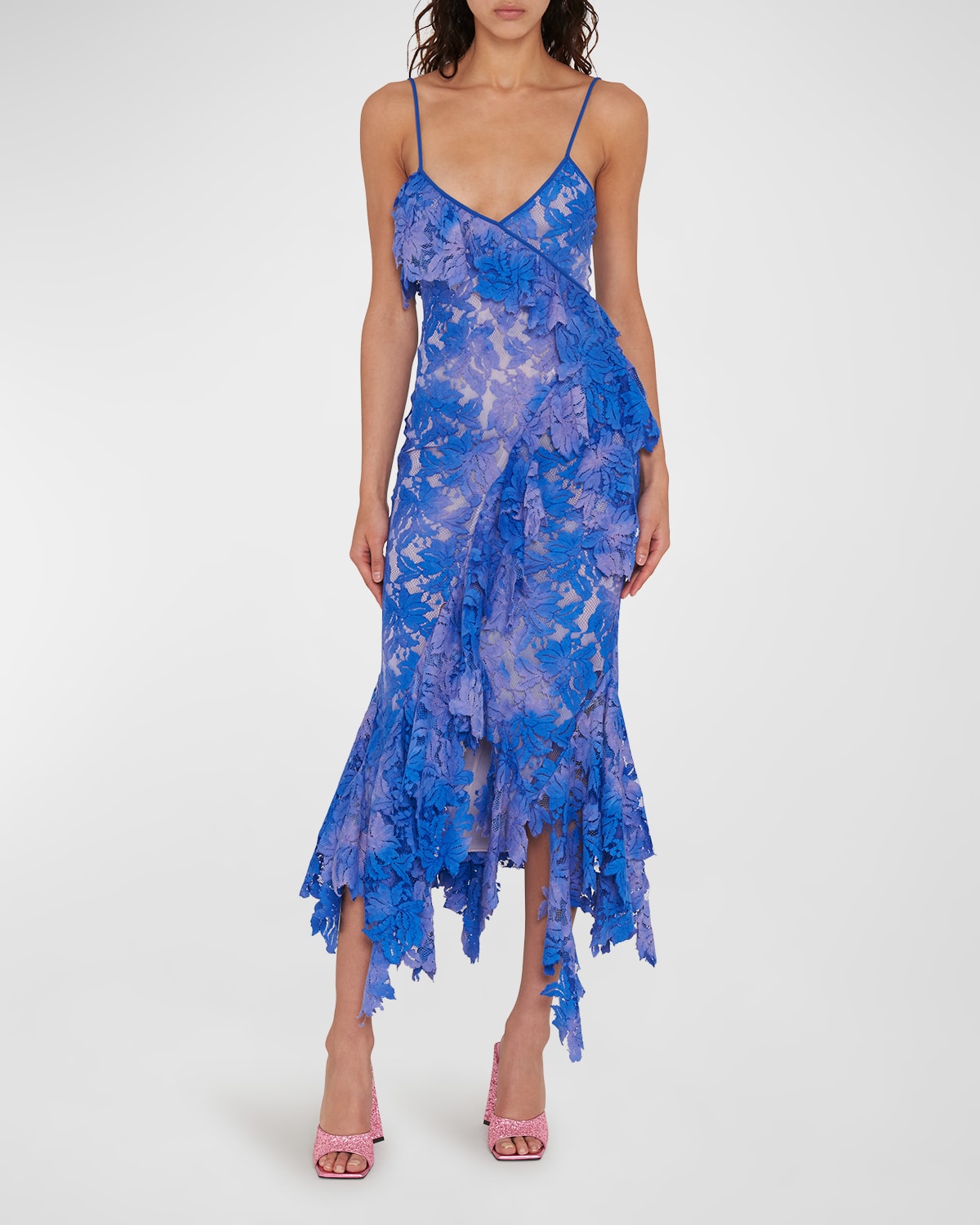 Attico Thelma Ruffle Godet-hem Lace Midi Dress In Violetdusty Blue