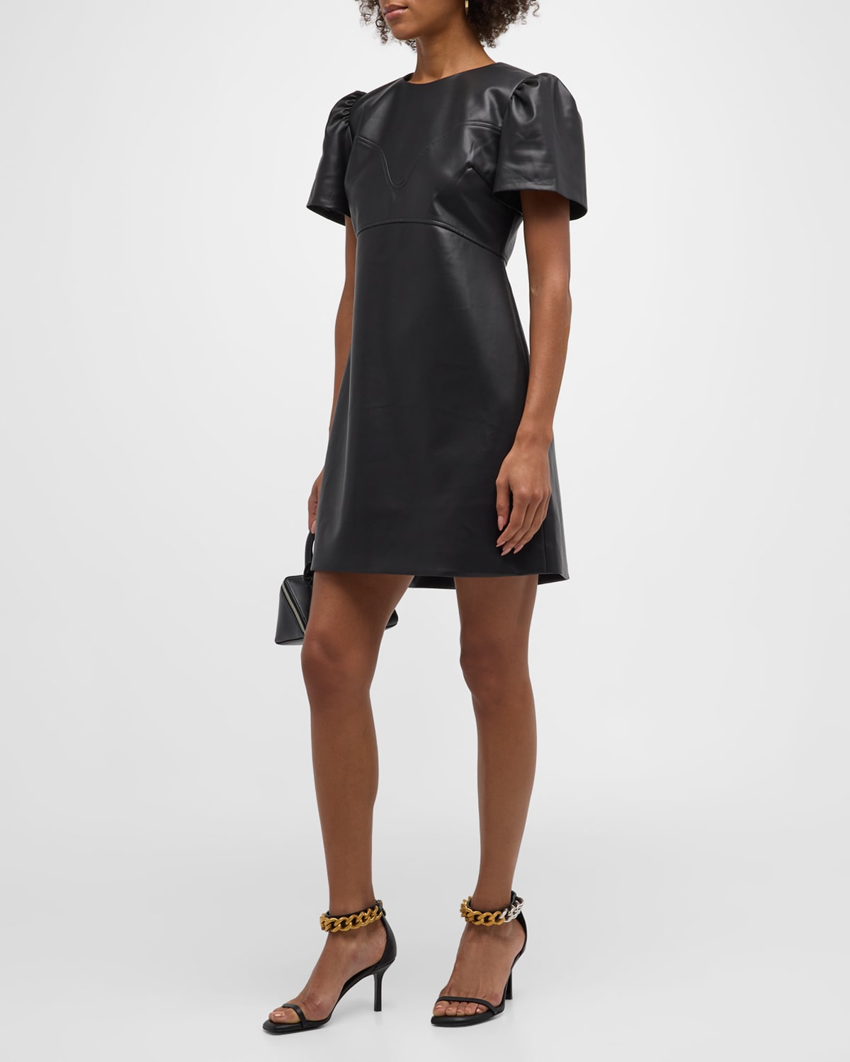 Antonella Vegan Leather Pleated-Sleeve Mini Dress
