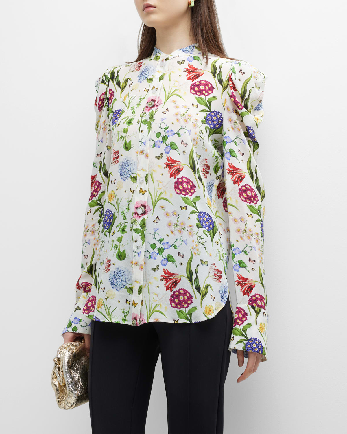 Multi-Floral Printed Button-Front Blouse