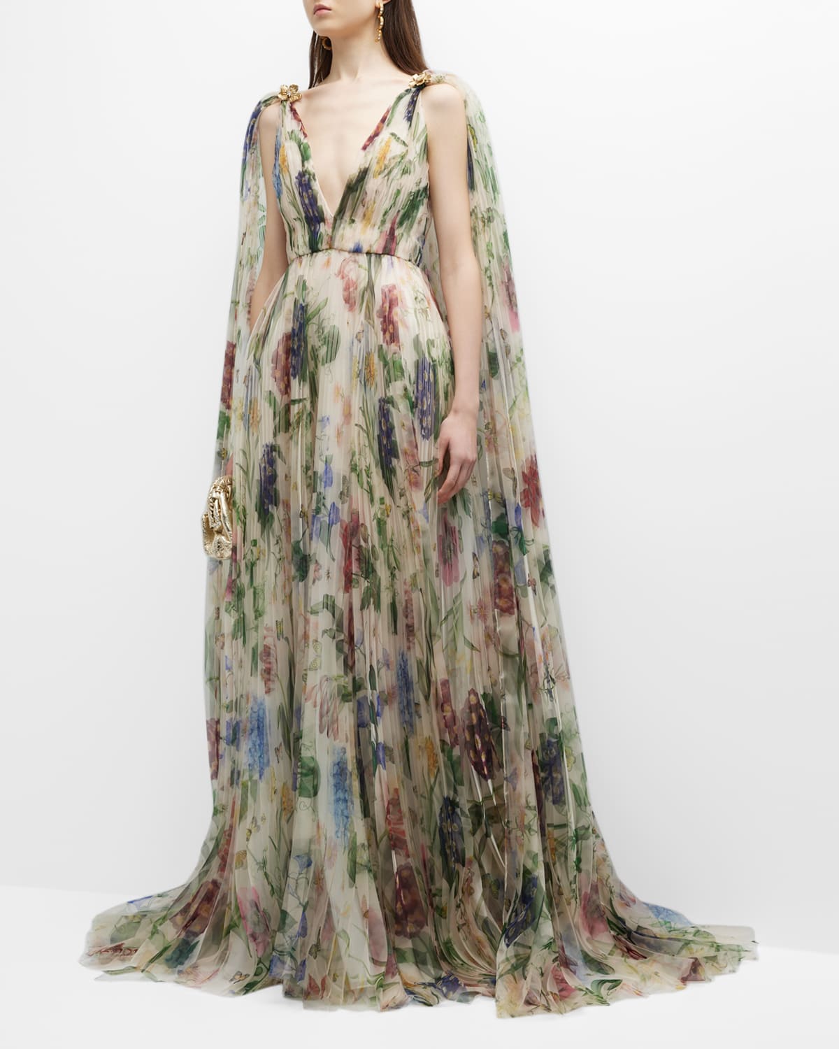 Pleated Multi-Floral Gossamer Gown with Cape