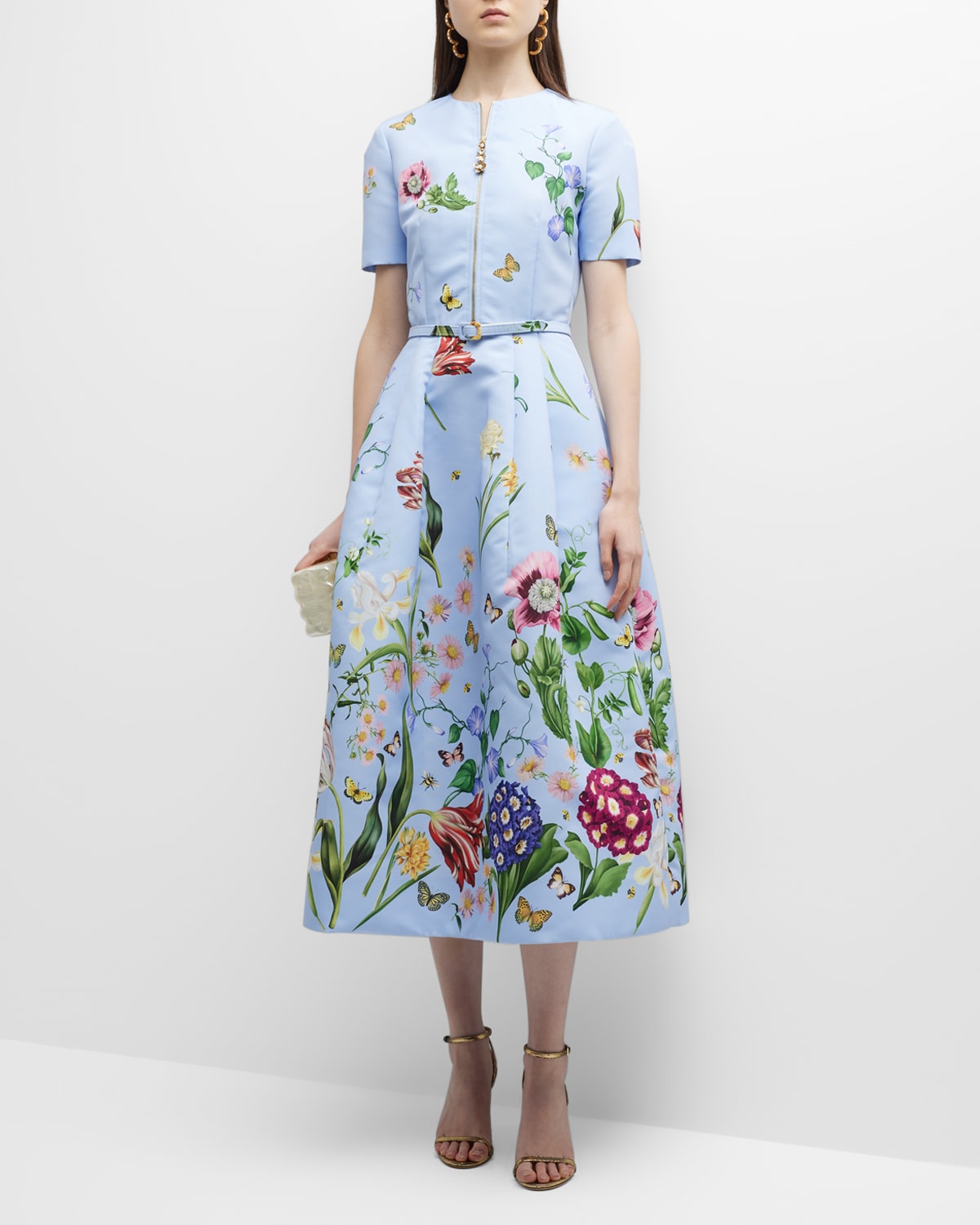 Multi Floral-Print Zip-Front Faille Midi Dress with Belt