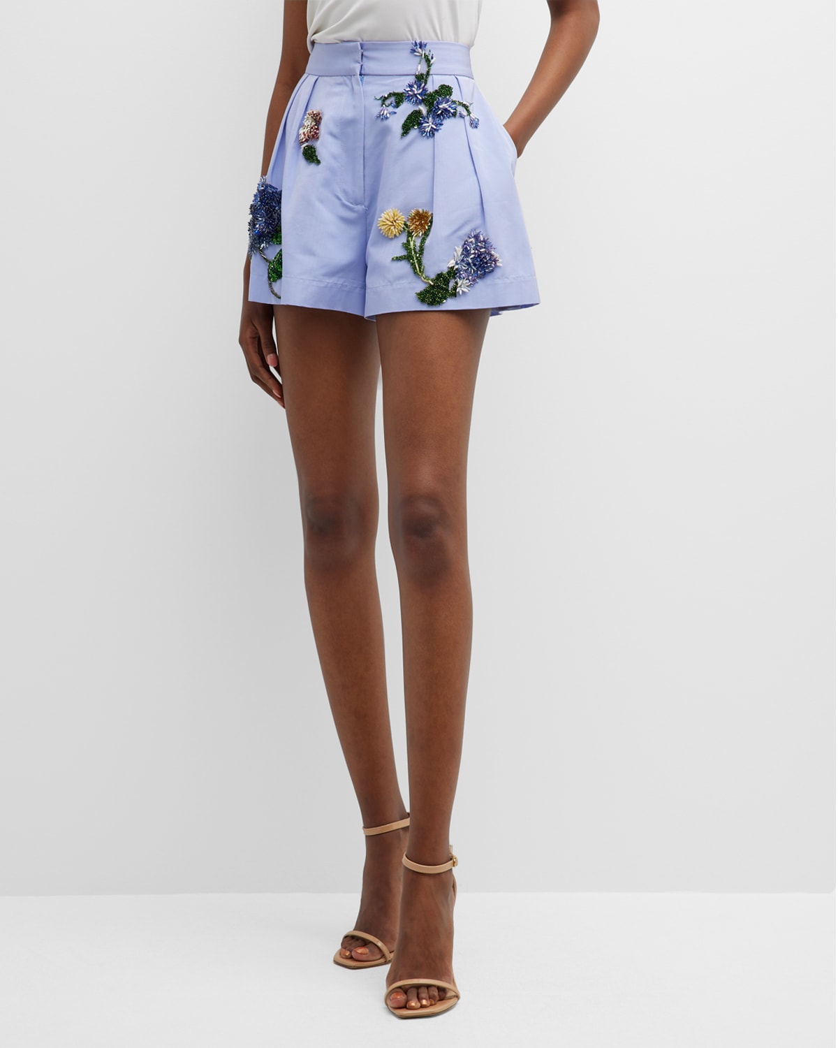 Floral-Beaded Moire Faille Shorts