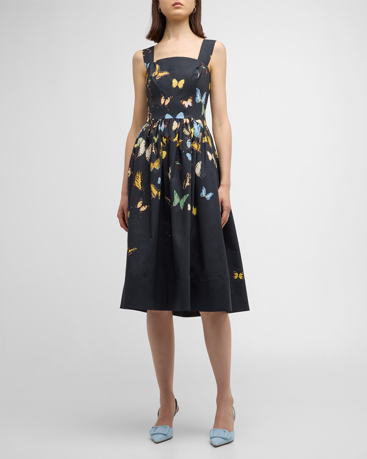 Belted Butterfly Print Midi Dress