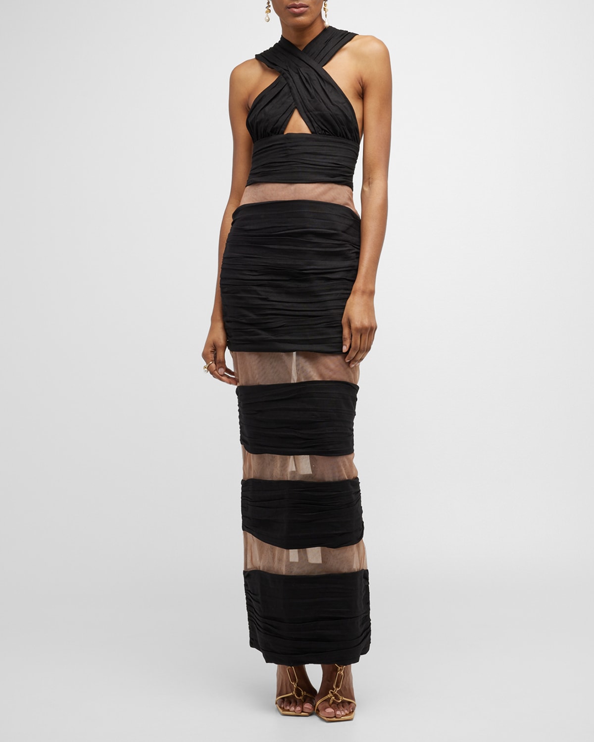 Bronx and Banco Sheer-Inset Cutout Crossover Halter Gown