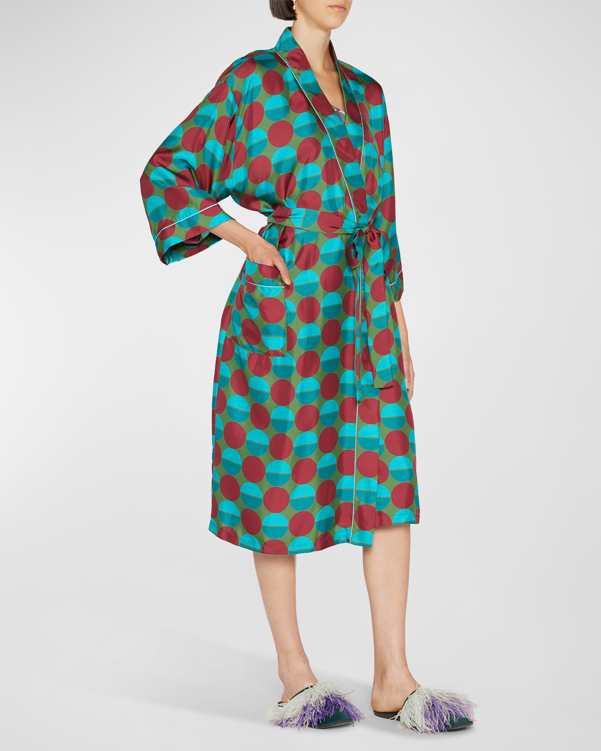 La Doublej Geometric-print Silk Robe In Sfere Grandi Verd