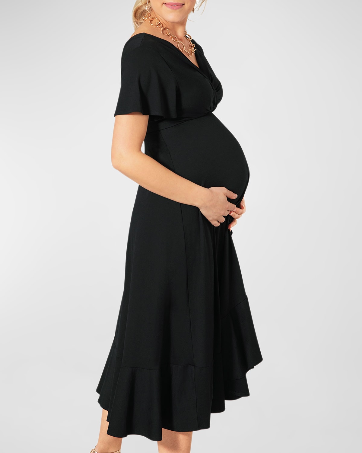 Tiffany Rose Maternity Waterfall Flutter-sleeve Midi Dress In Black