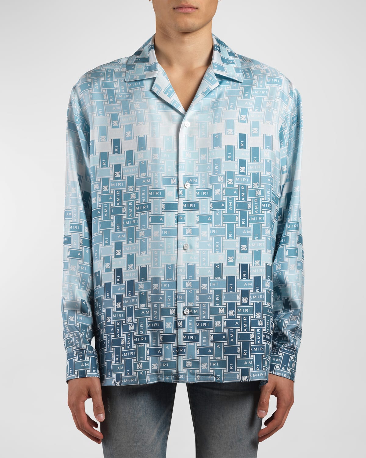 Shop Amiri Men's Gradient Tape Silk Pajama Shirt In Blue