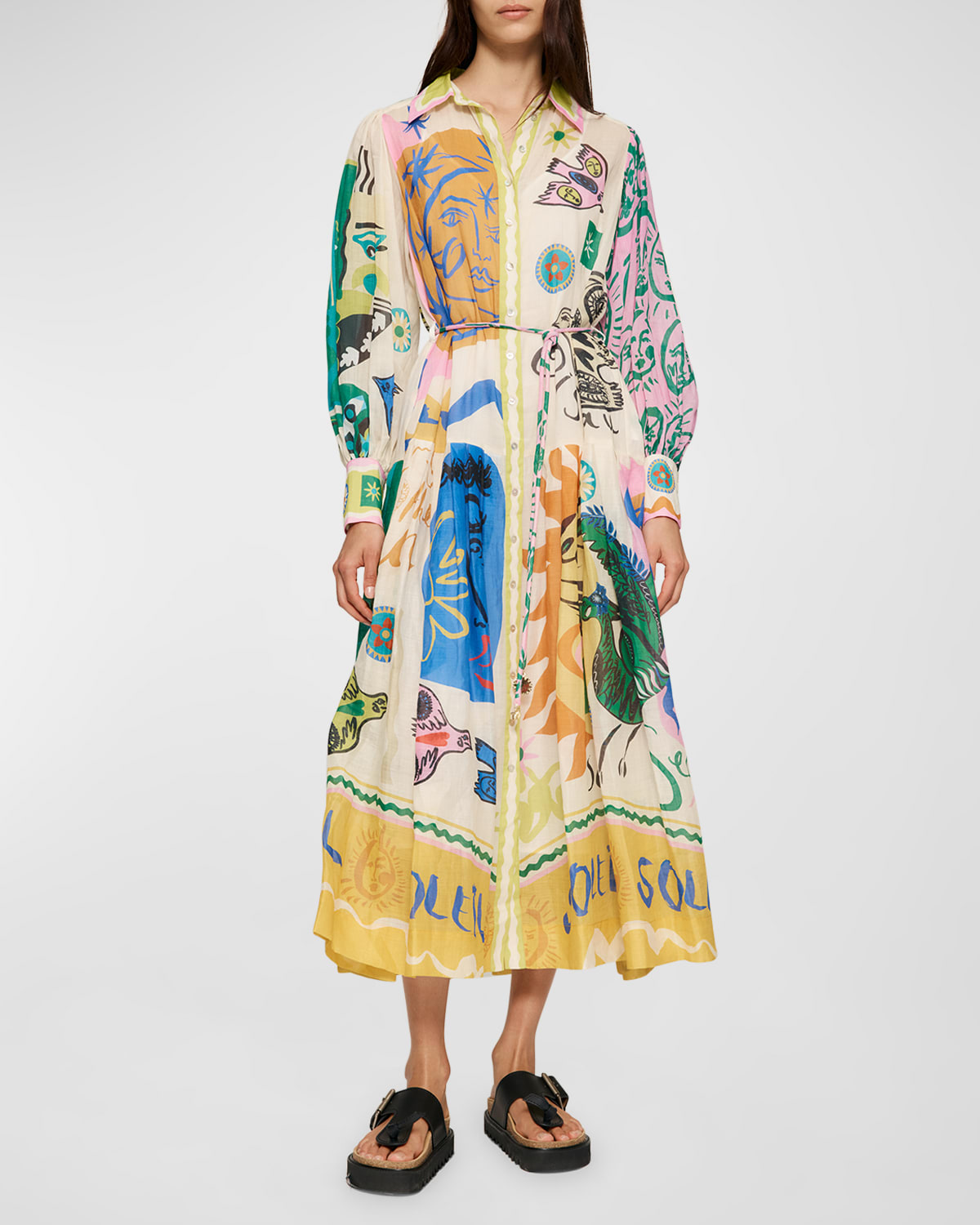 Alemais Soleil Belted Printed Ramie Midi Shirt Dress In Ivory