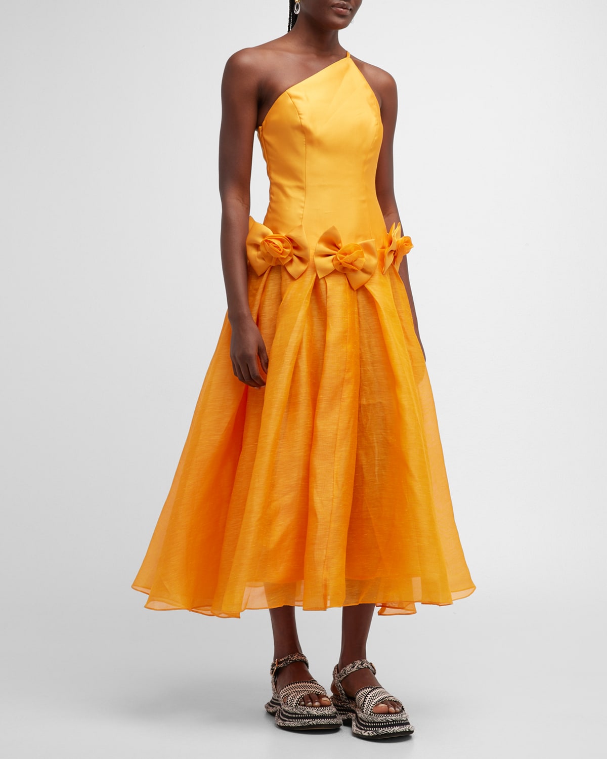 Alemais Macie One-shoulder Rosette Flared Maxi Dress In Saffron