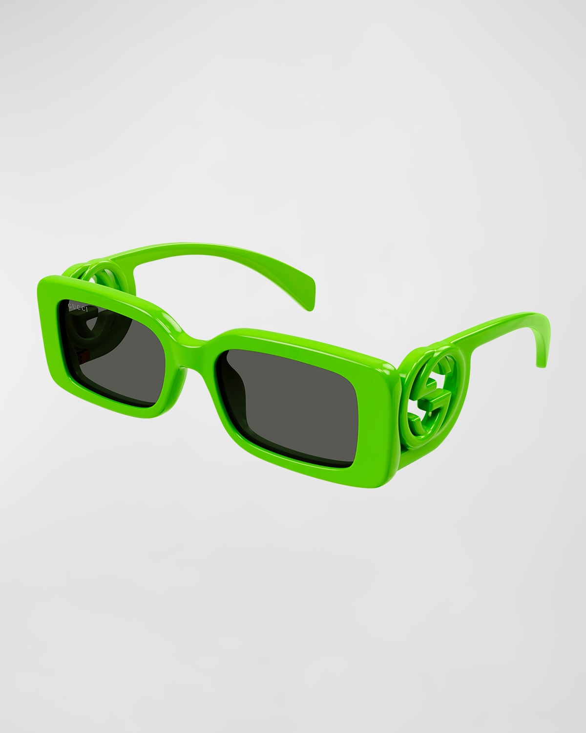 Shop Gucci Monochrome Gg Rectangle Acetate Sunglasses In Shiny Solid Acid Green