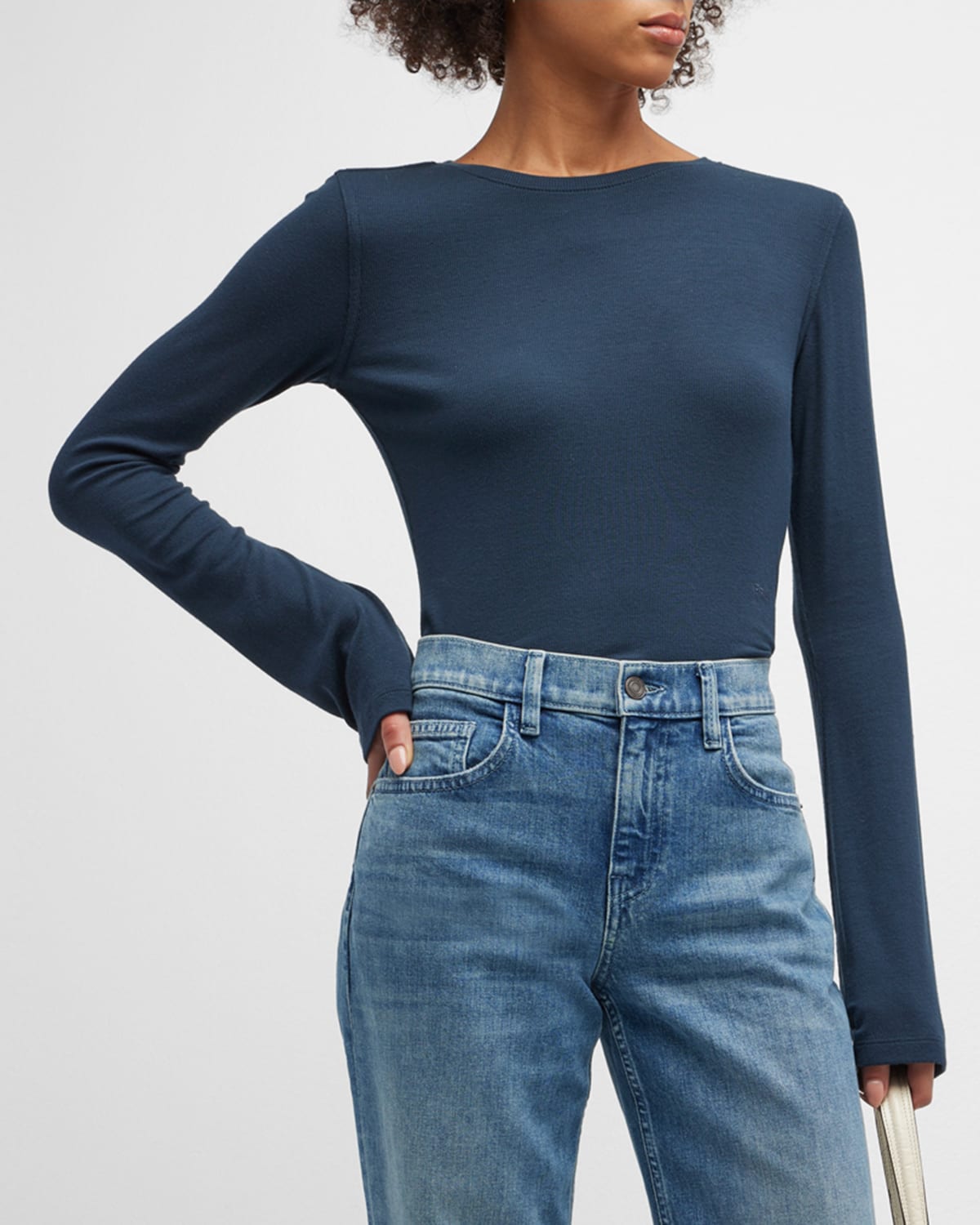 Frame Ribbed Bell Sleeve Top In Navy