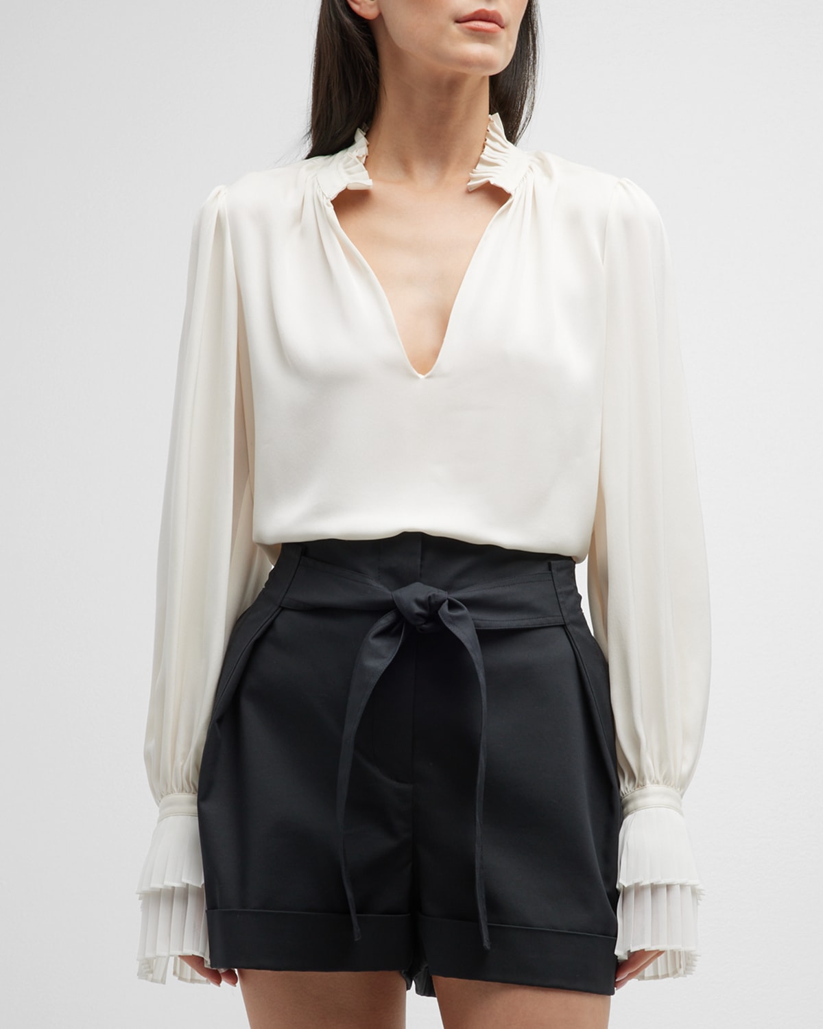 Shop Frame V-neck Pleated Cuff Top In Off White