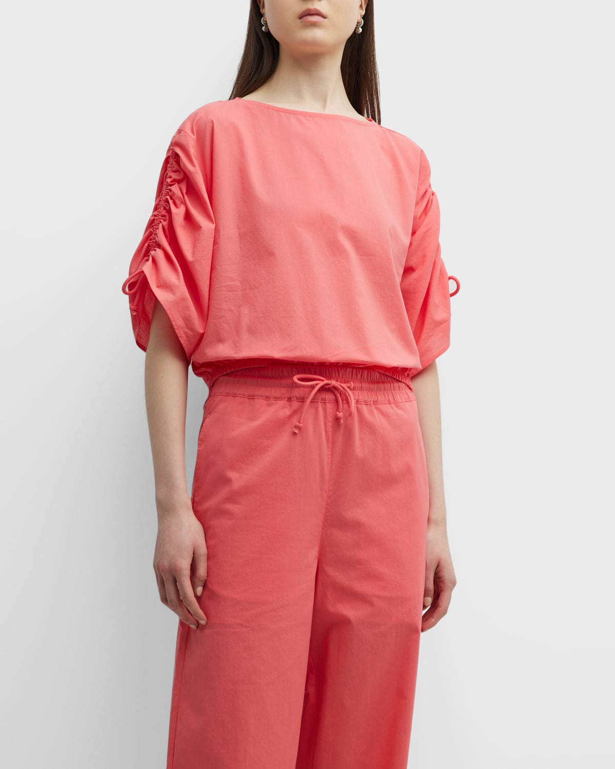 Emporio Armani Cropped Ruched-sleeve Cotton Modal Blouse In Pink