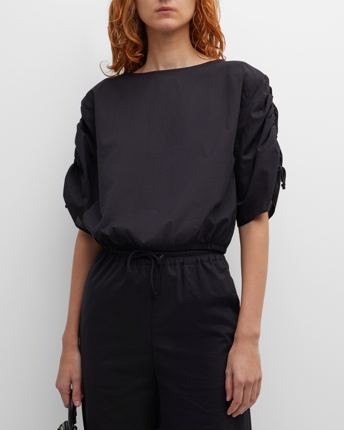 Cropped Ruched-Sleeve Blouse