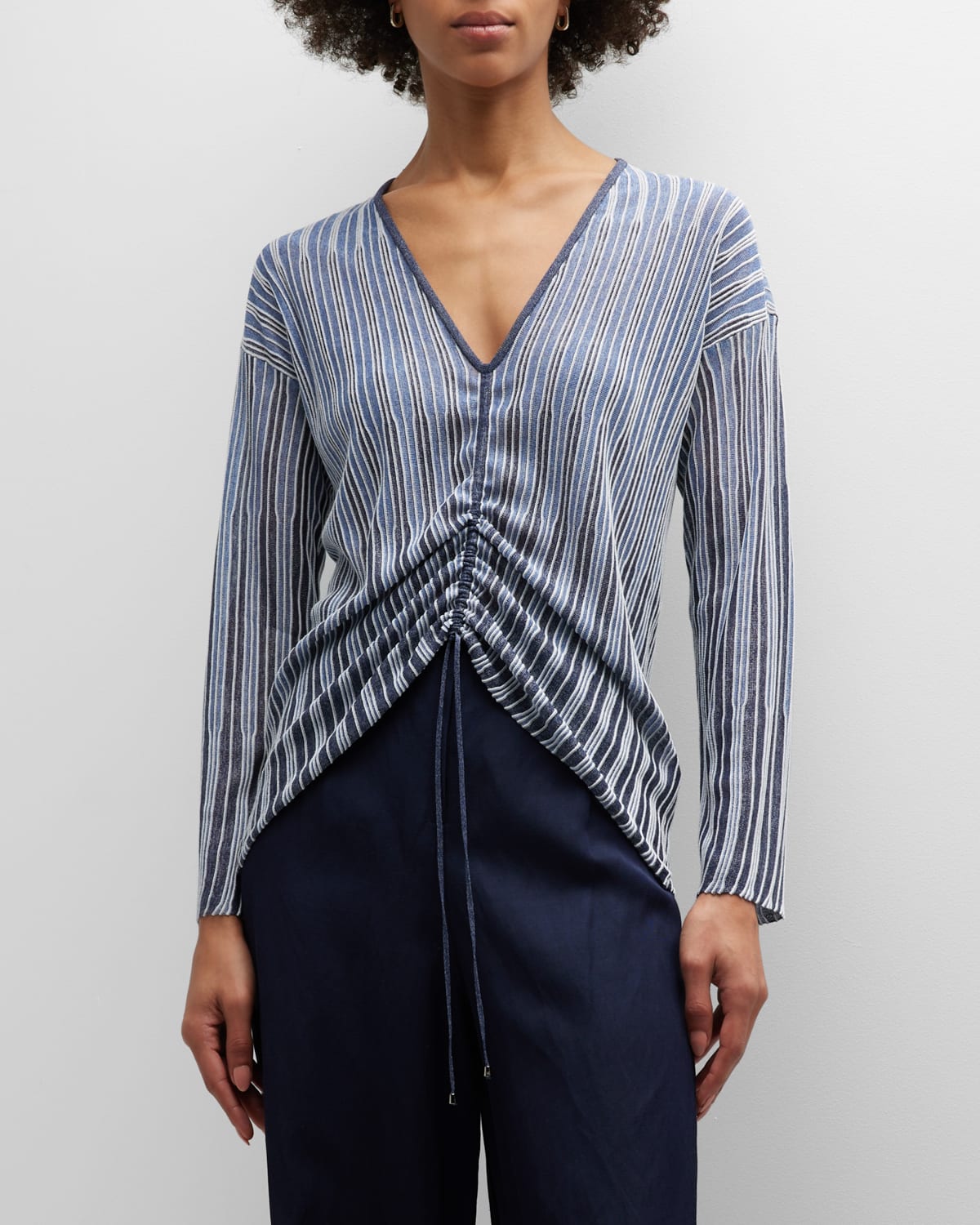 Emporio Armani Striped Tie-front Long-sleeve Knit Top In Navy