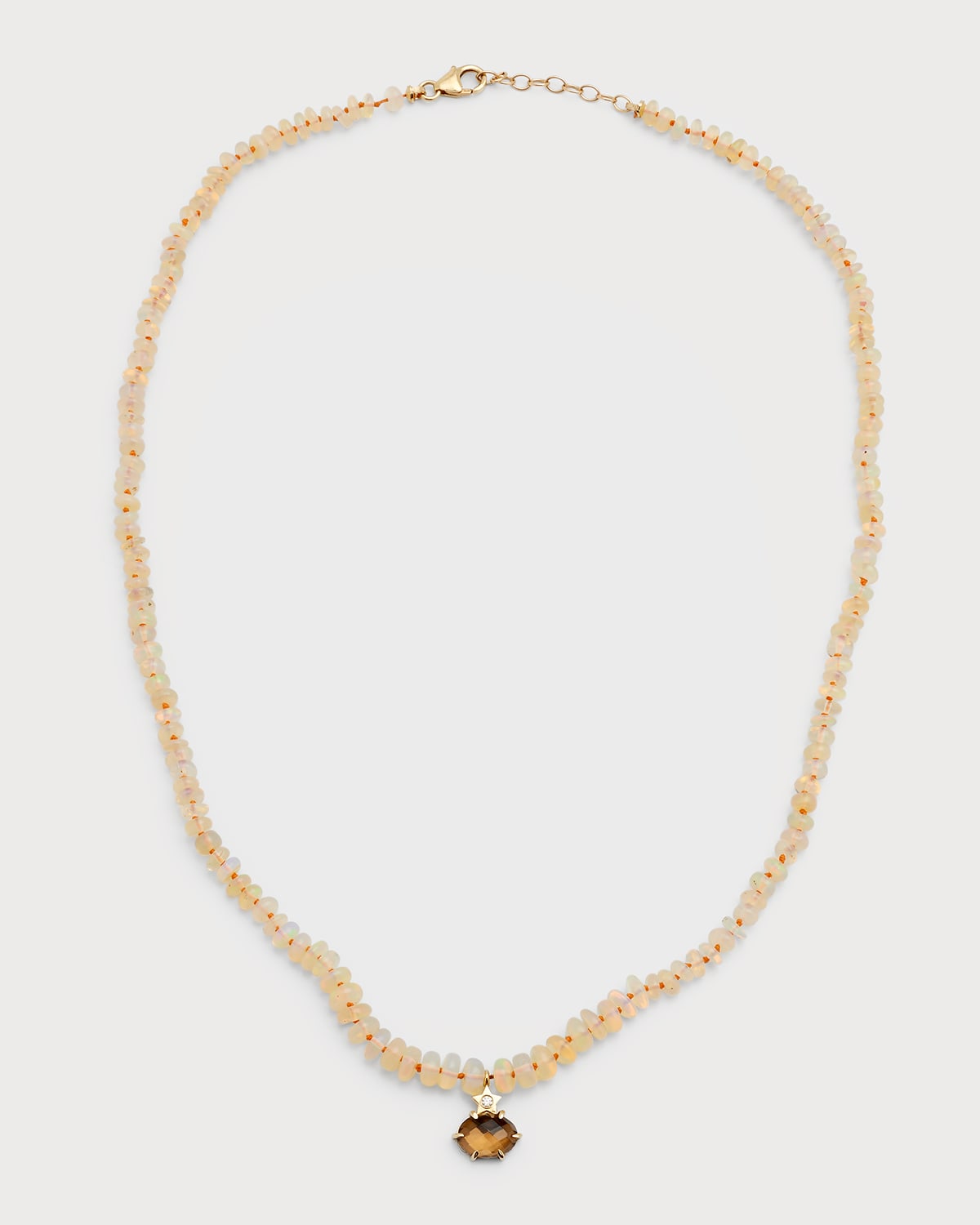 Opal Beaded Necklace with Smokey Quartz Diamond Charm