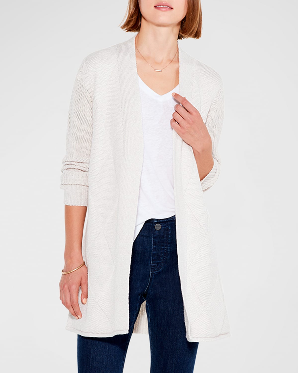 Nic + Zoe Open-front Diamond Stitch Cardigan In White