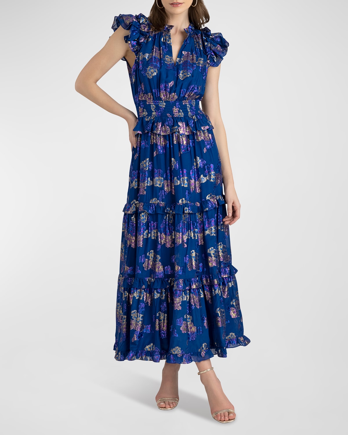 SHOSHANNA MAREN TIERED FLUTTER-SLEEVE MIDI DRESS