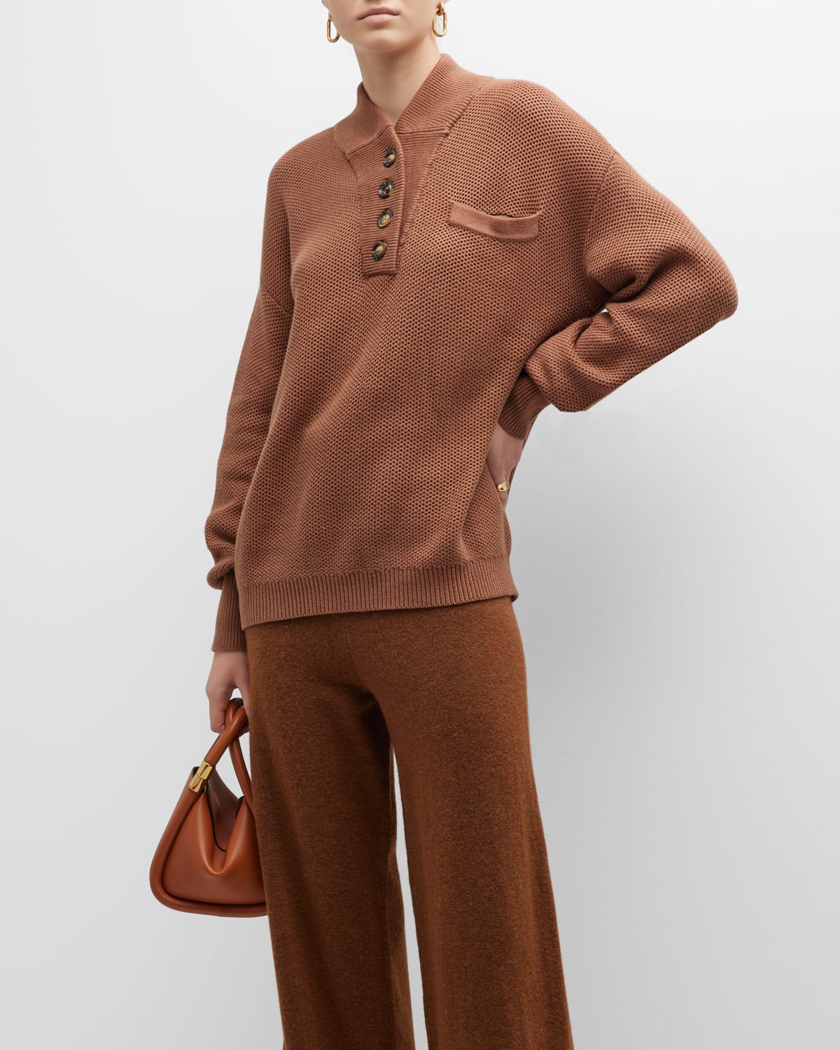 Lunya Blouson-sleeve Cotton-silk Henley In Humble Brown (wal