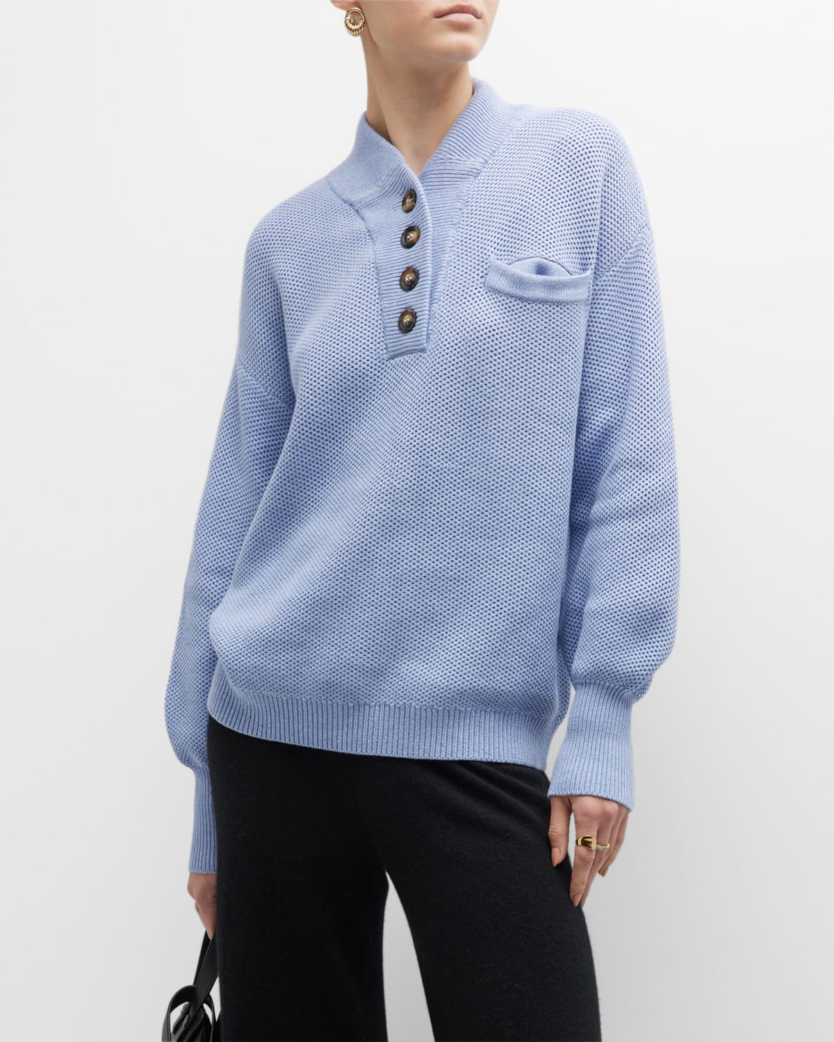 Blouson-Sleeve Cotton-Silk Henley