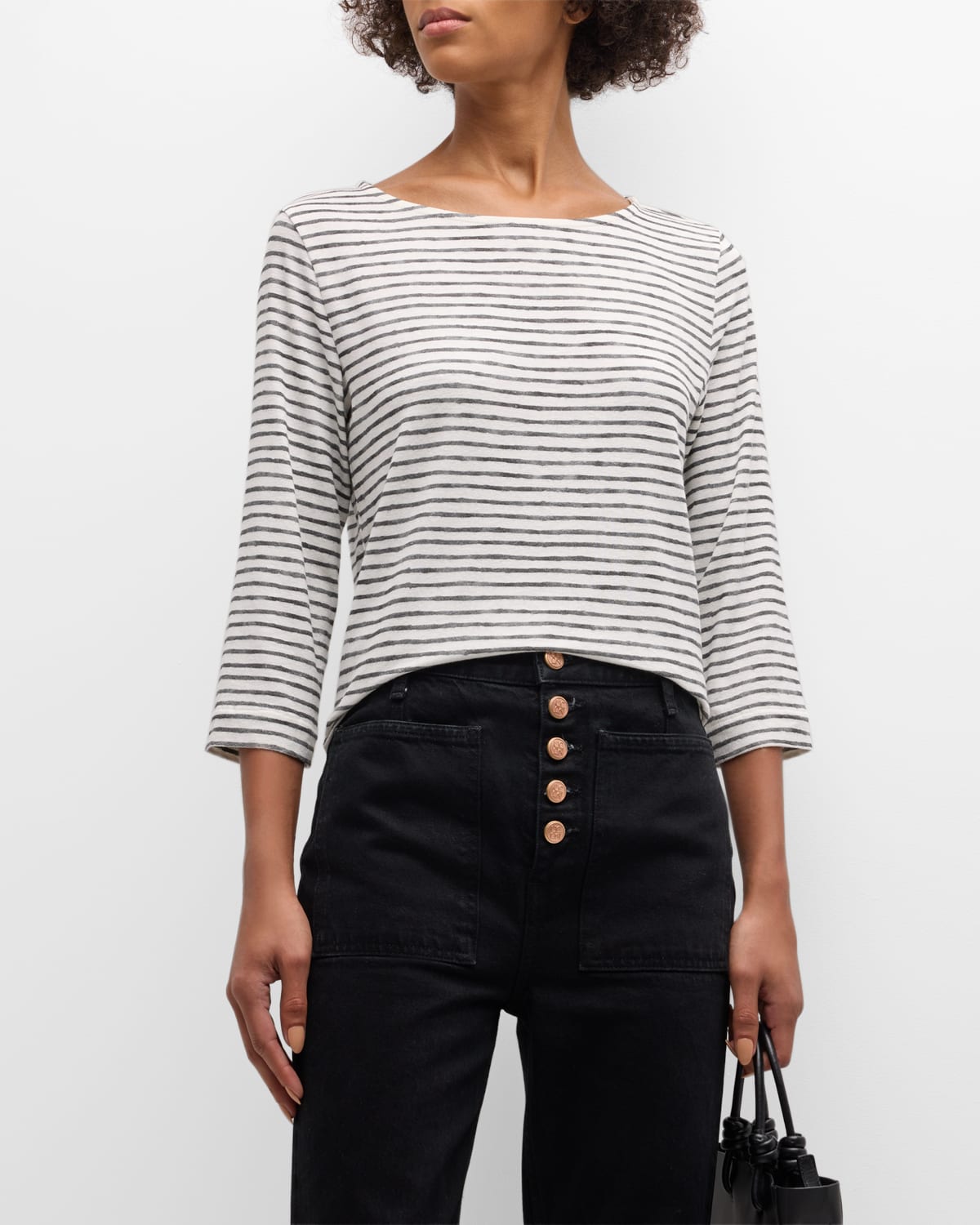 Striped 3/4-Sleeve Stretch Linen Tee