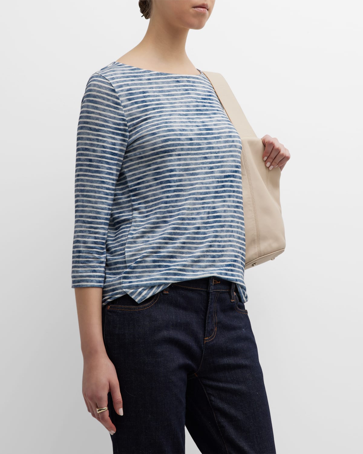 Majestic Striped 3/4-sleeve Stretch Linen Tee In Ocean