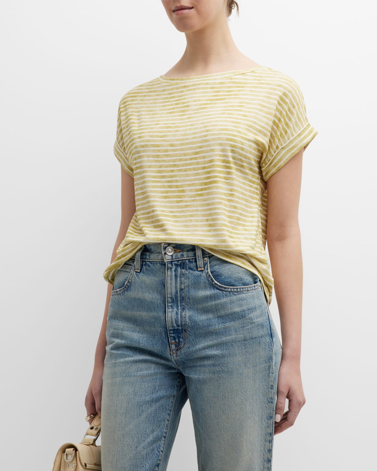 Majestic Striped Stretch Linen Tee In Anis