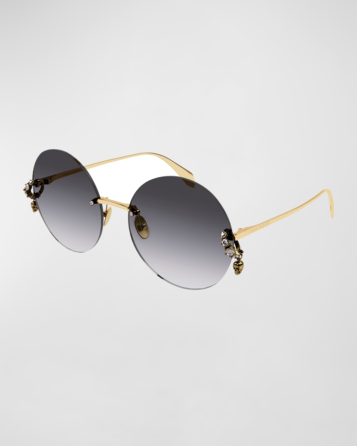 Shop Alexander Mcqueen Metal Round Sunglasses W/ Skull Crystal Details In 001 Shiny Gold