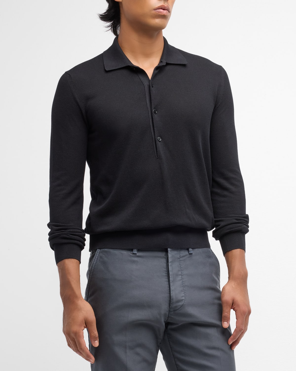 Tom Ford Men's Silk-cotton Polo Shirt In Black
