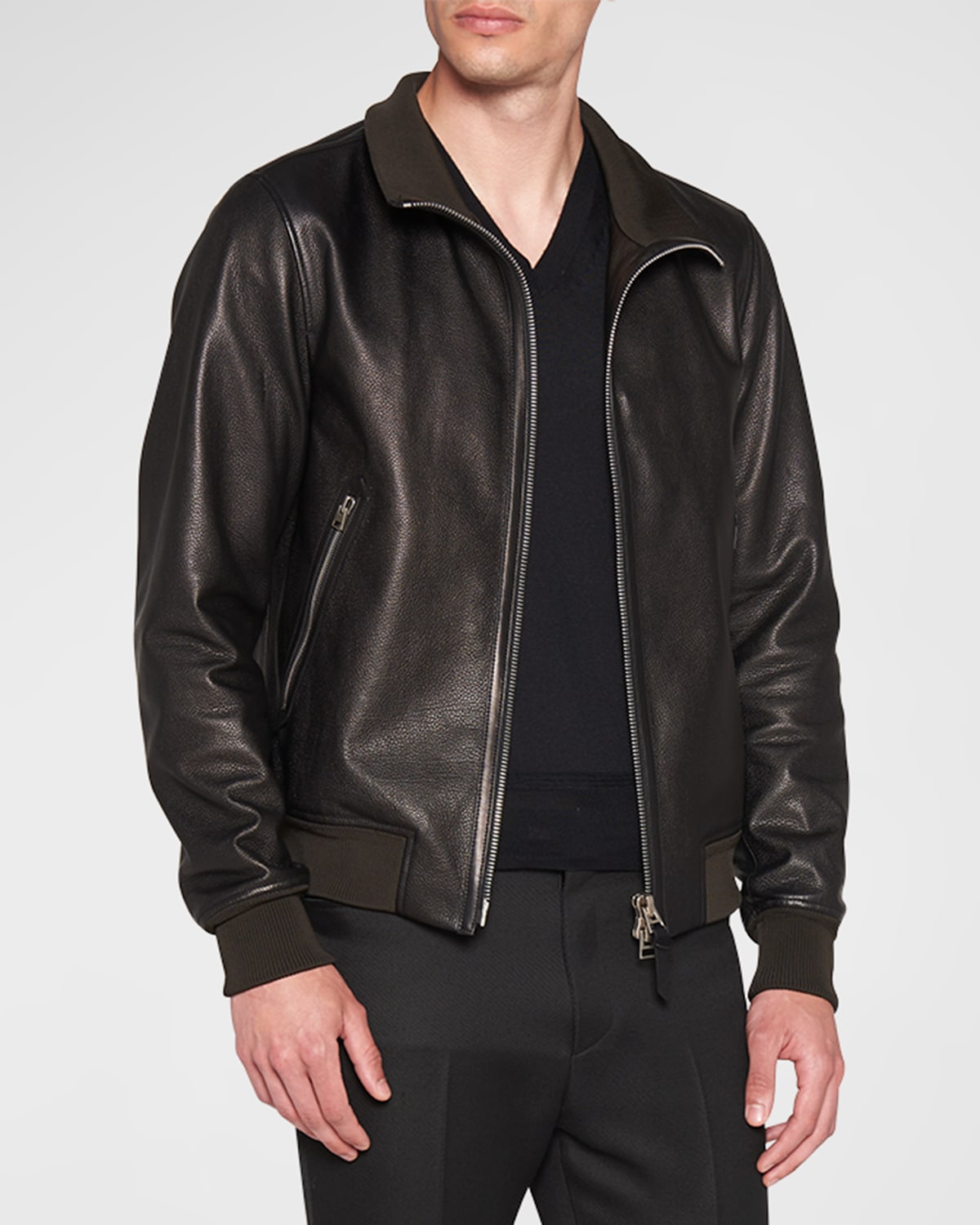 Men's Grained Leather Track Bomber Jacket