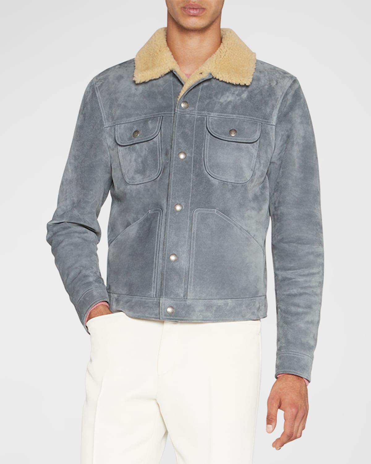 Men's Suede Trucker Jacket with Shearling Trim