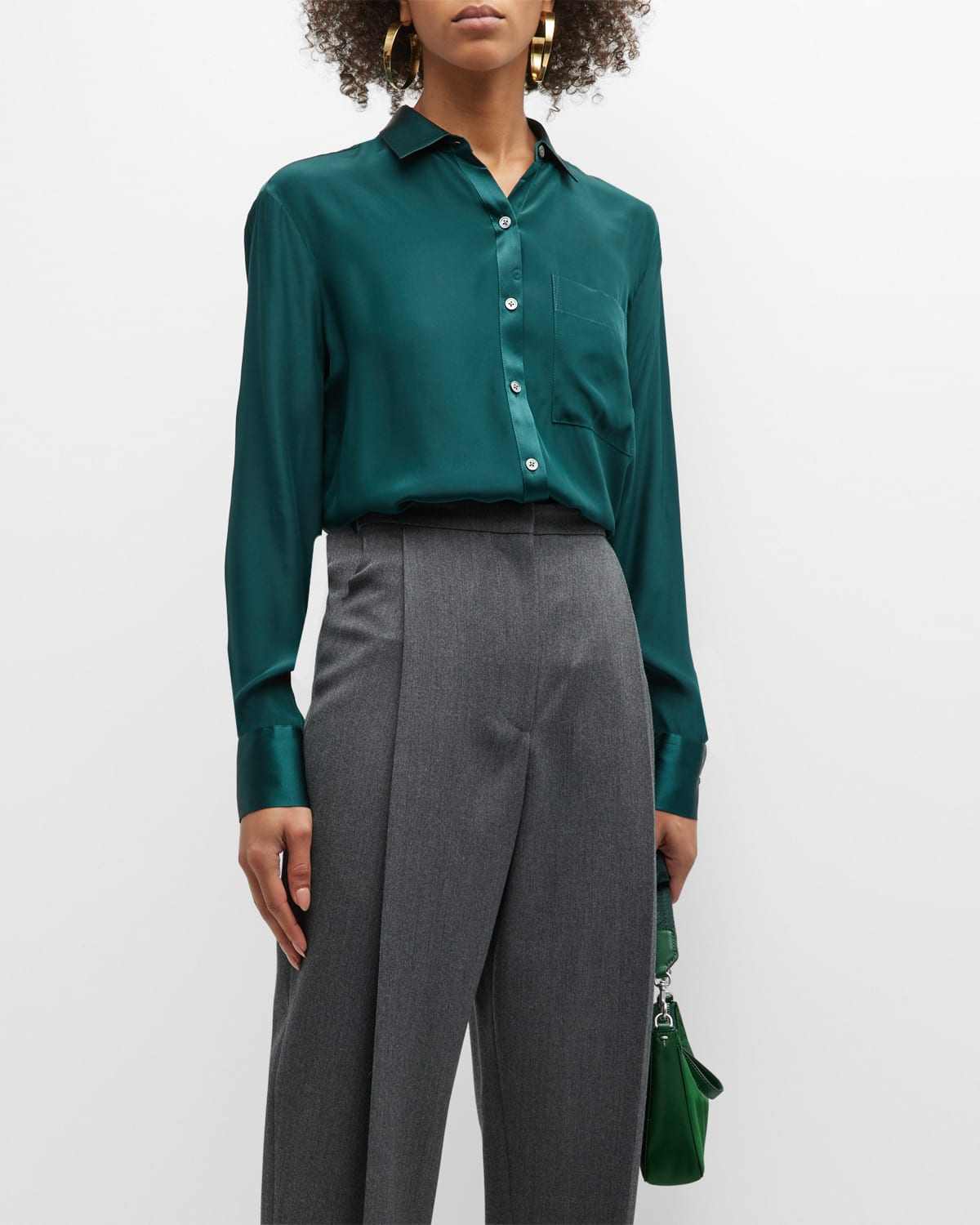 Silk Charmeuse Button-Front Boyfriend Shirt