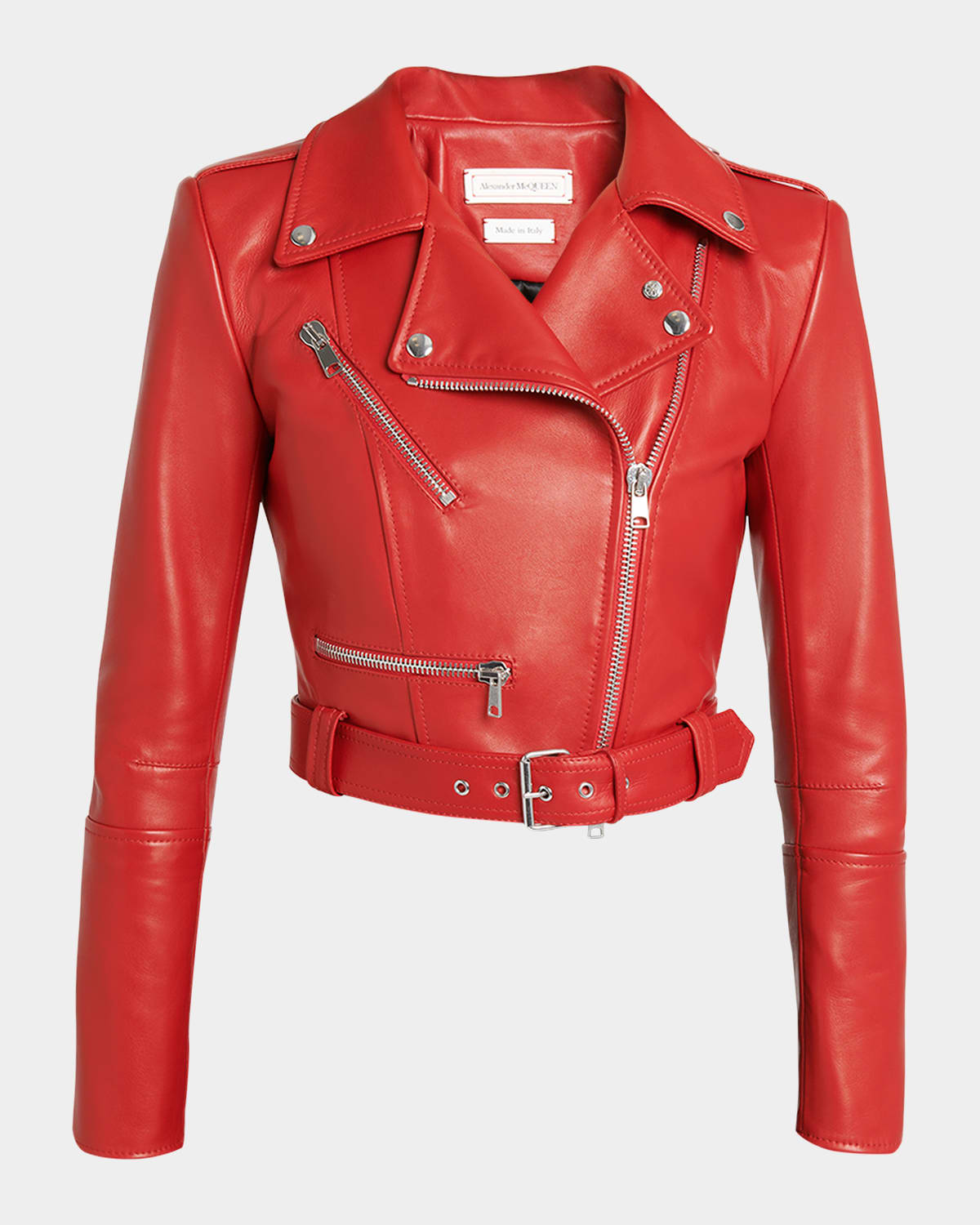 Shop Alexander Mcqueen Cropped Leather Biker Jacket In Red