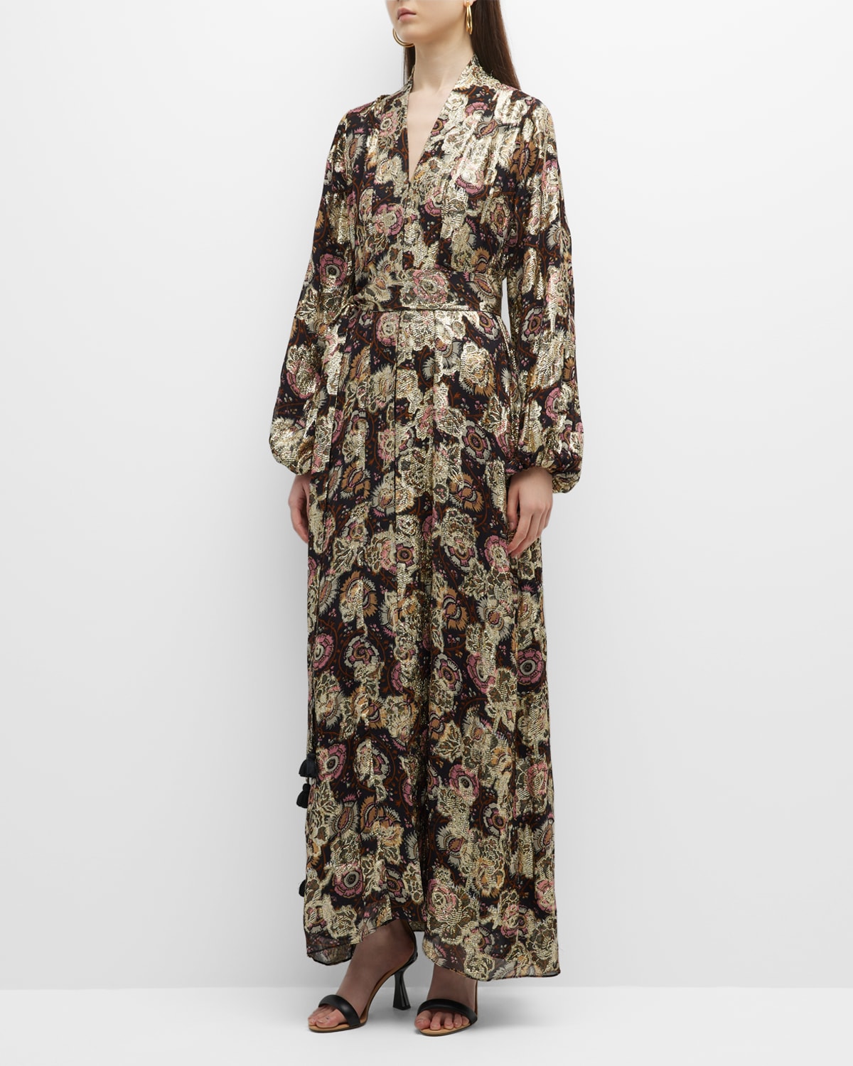 Figue Solana Metallic Floral Jacquard Belted Maxi Dress