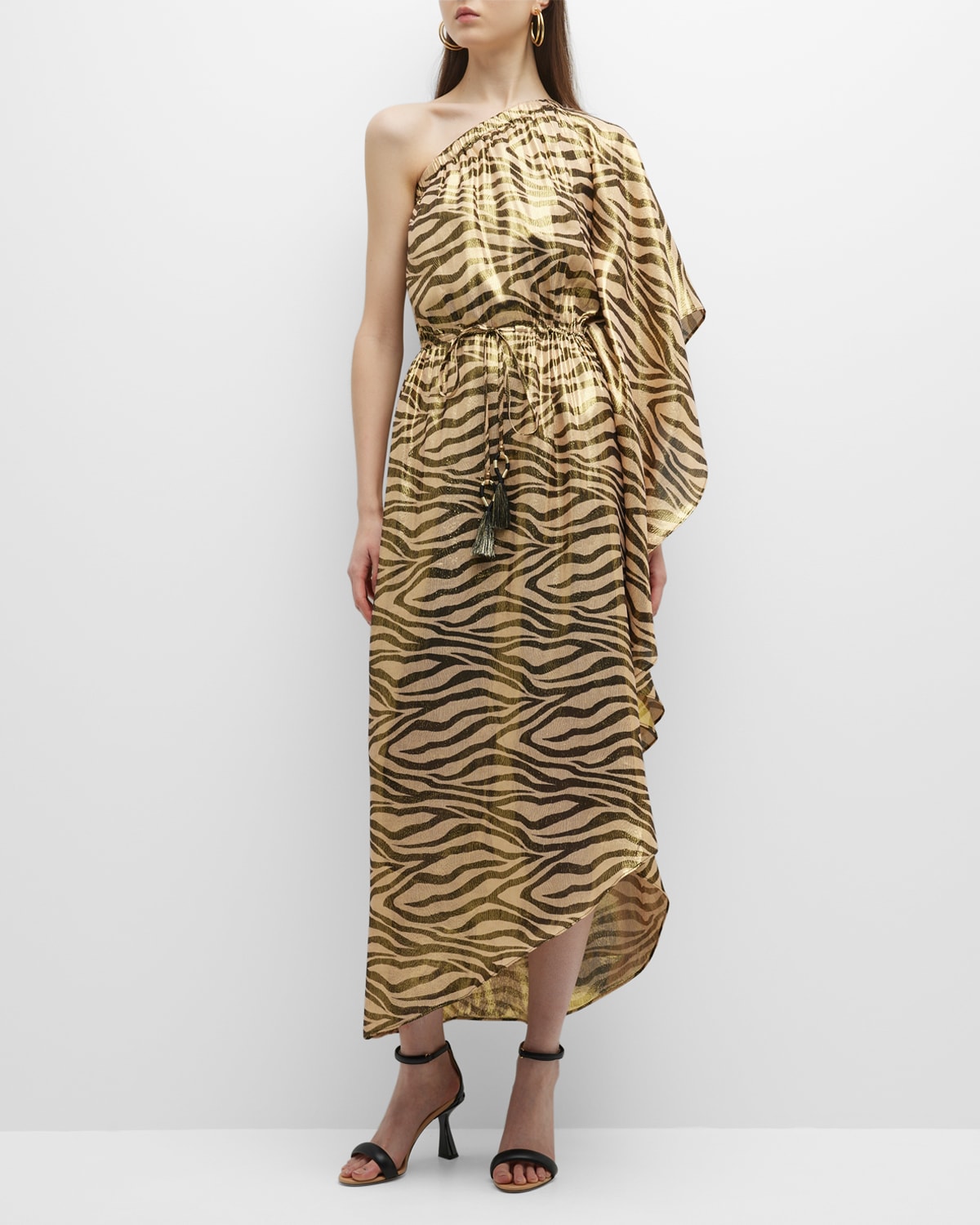 Figue Maisie Zebra-Print Metallic One-Shoulder Maxi Dress