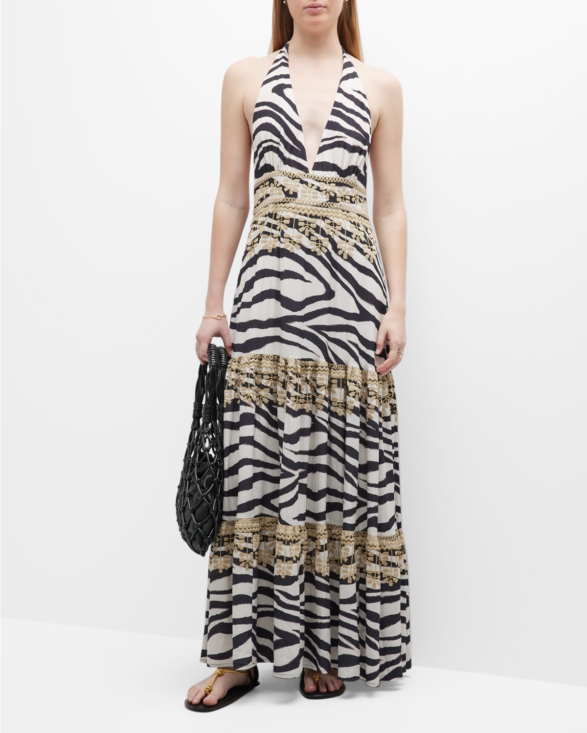 Figue Vivienne Zebra-Print Tiered Plunging Maxi Dress
