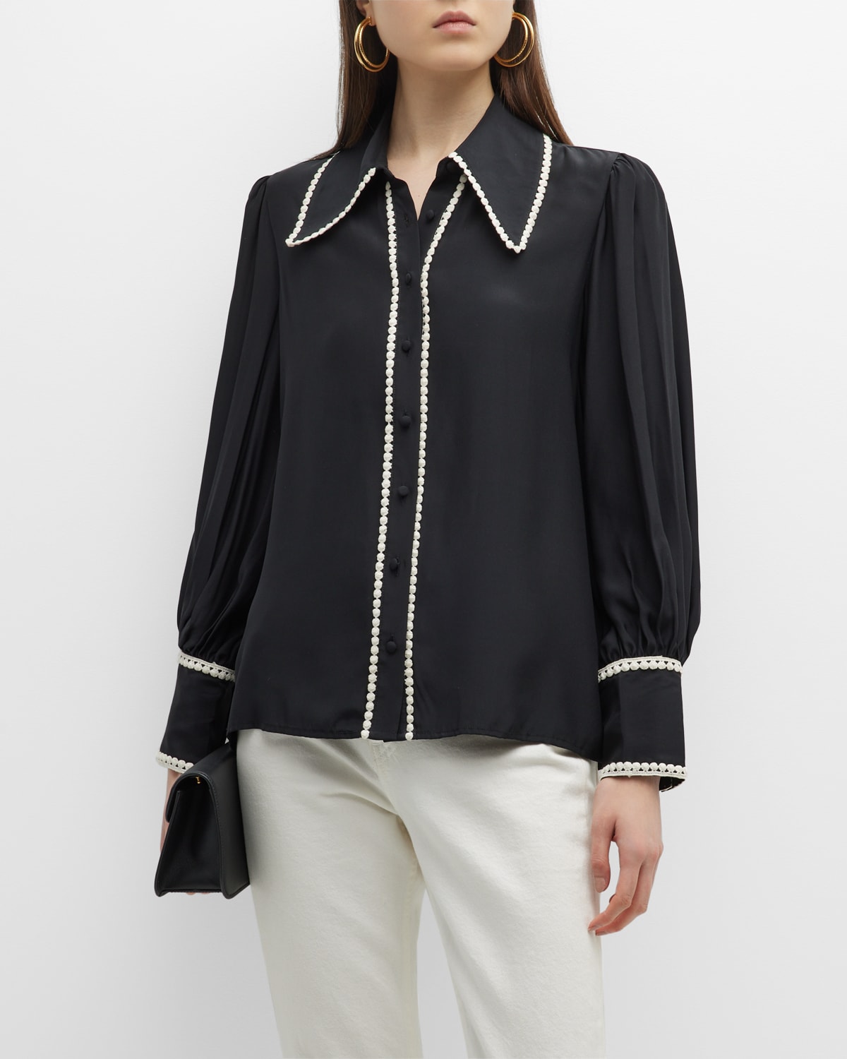Figue Londyn Embroidered-Edge Collared Silk Top