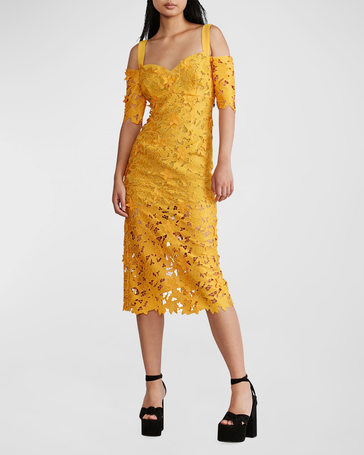Zac Posen Guipure Lace Cold-shoulder Midi Sheath Dress In Yellow