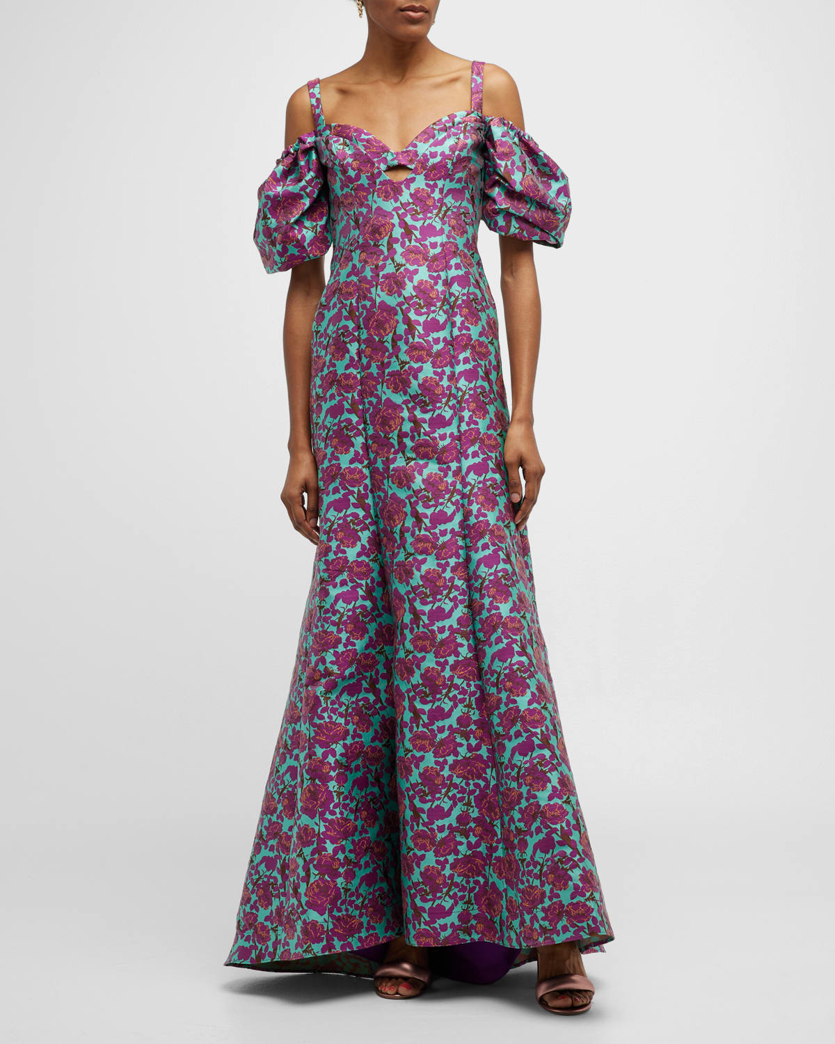 ZAC POSEN FLORAL JACQUARD COLD-SHOULDER SWEETHEART GOWN
