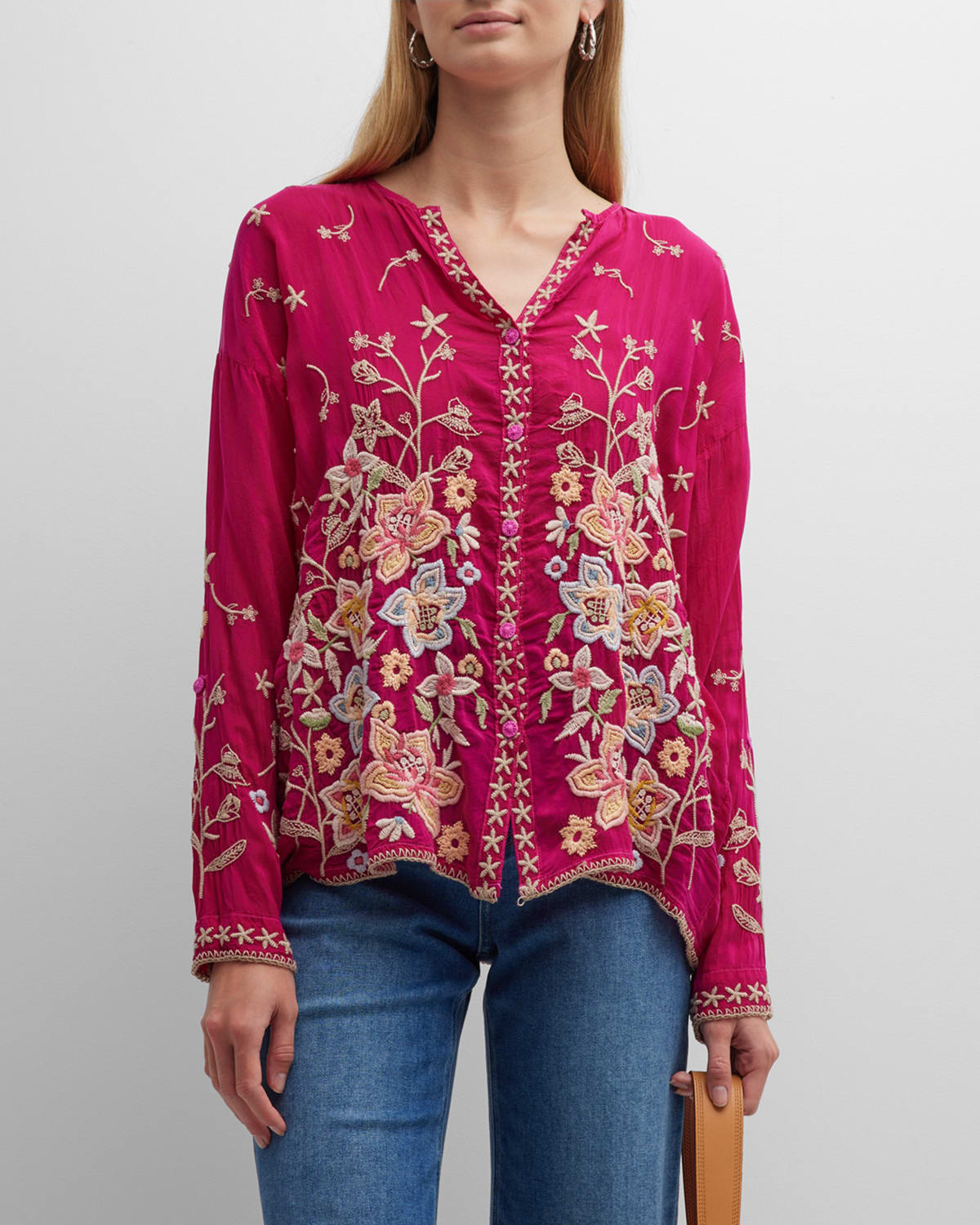 Johnny Was Jenai Floral Embroidered Button-Front Blouse