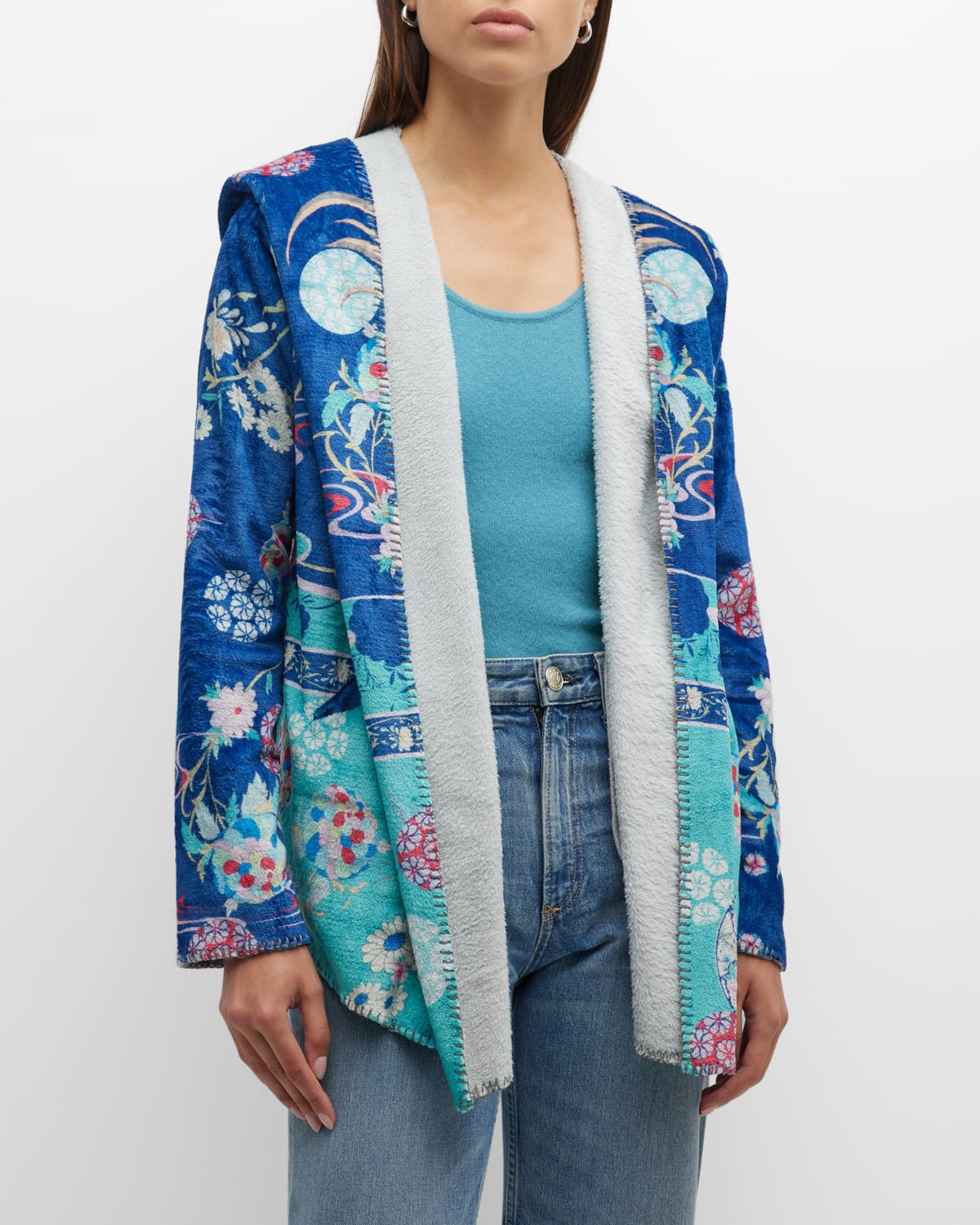 Morning Hooded Floral-Print Sherpa Jacket