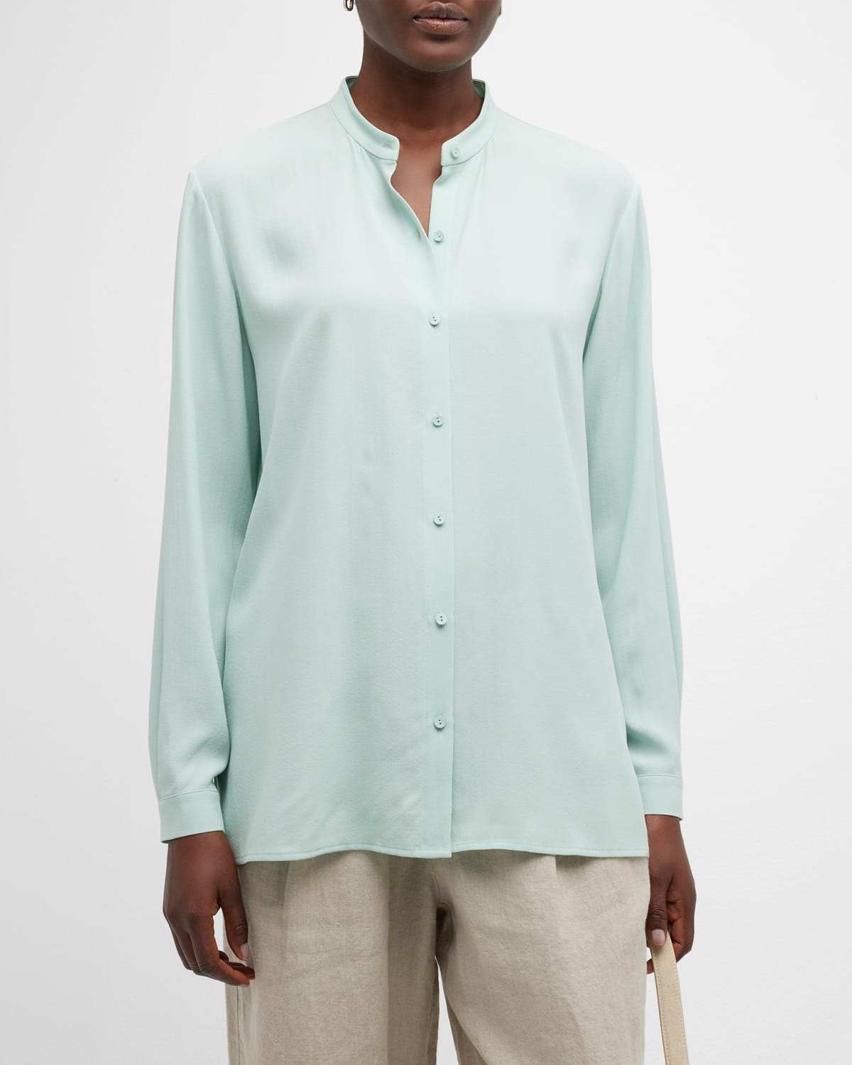 Eileen Fisher Band Collar Organic Linen Shirt In Absinthe
