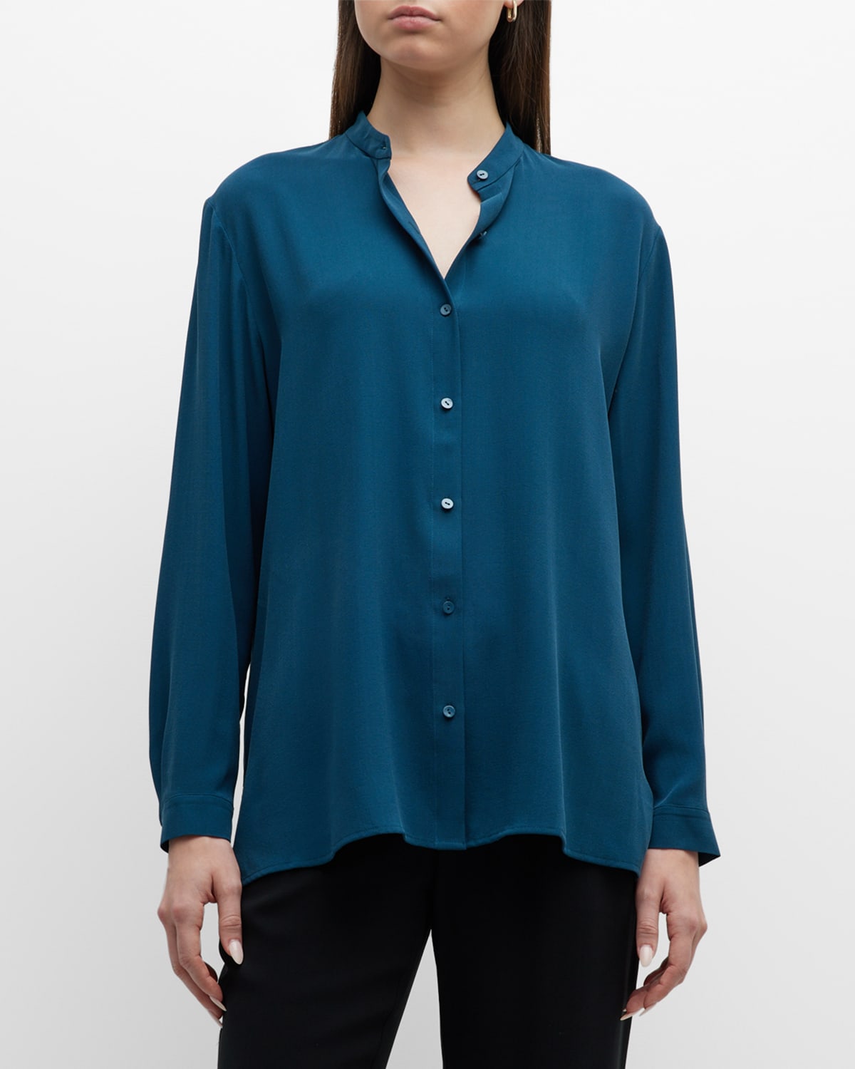 Eileen Fisher Button-down Band-collar Shirt In Pacifica
