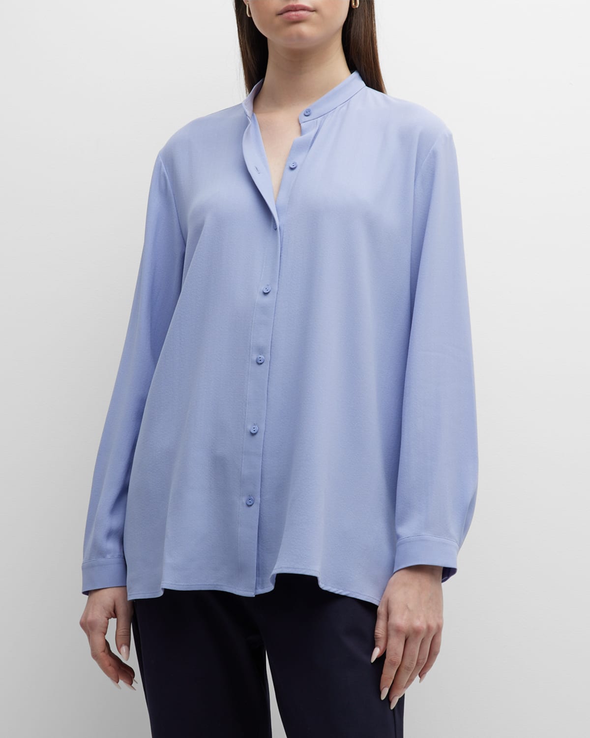 EILEEN FISHER BUTTON-DOWN BAND-COLLAR SHIRT