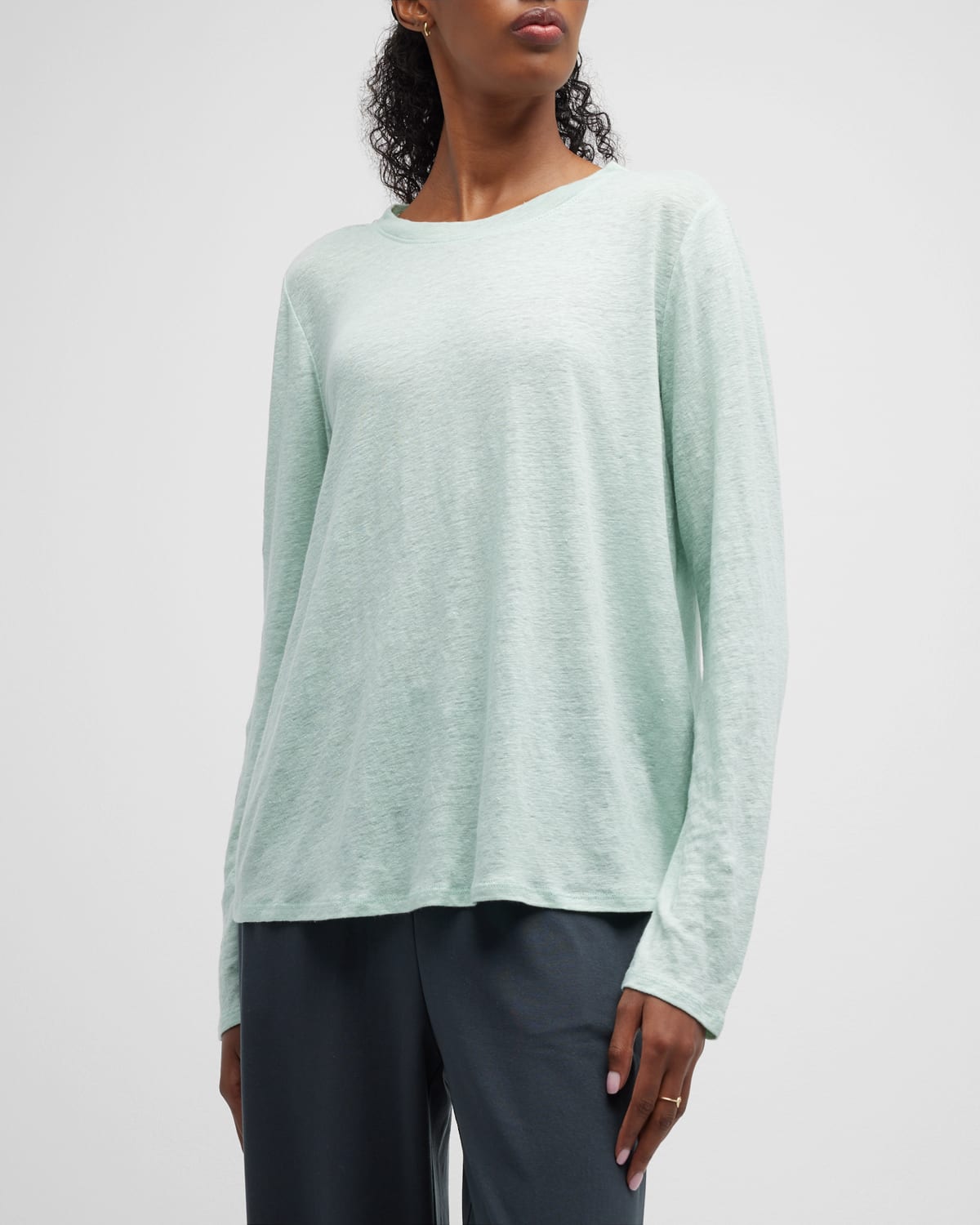 Eileen Fisher Petite Crewneck Long-sleeve Linen Tee In Absinthe