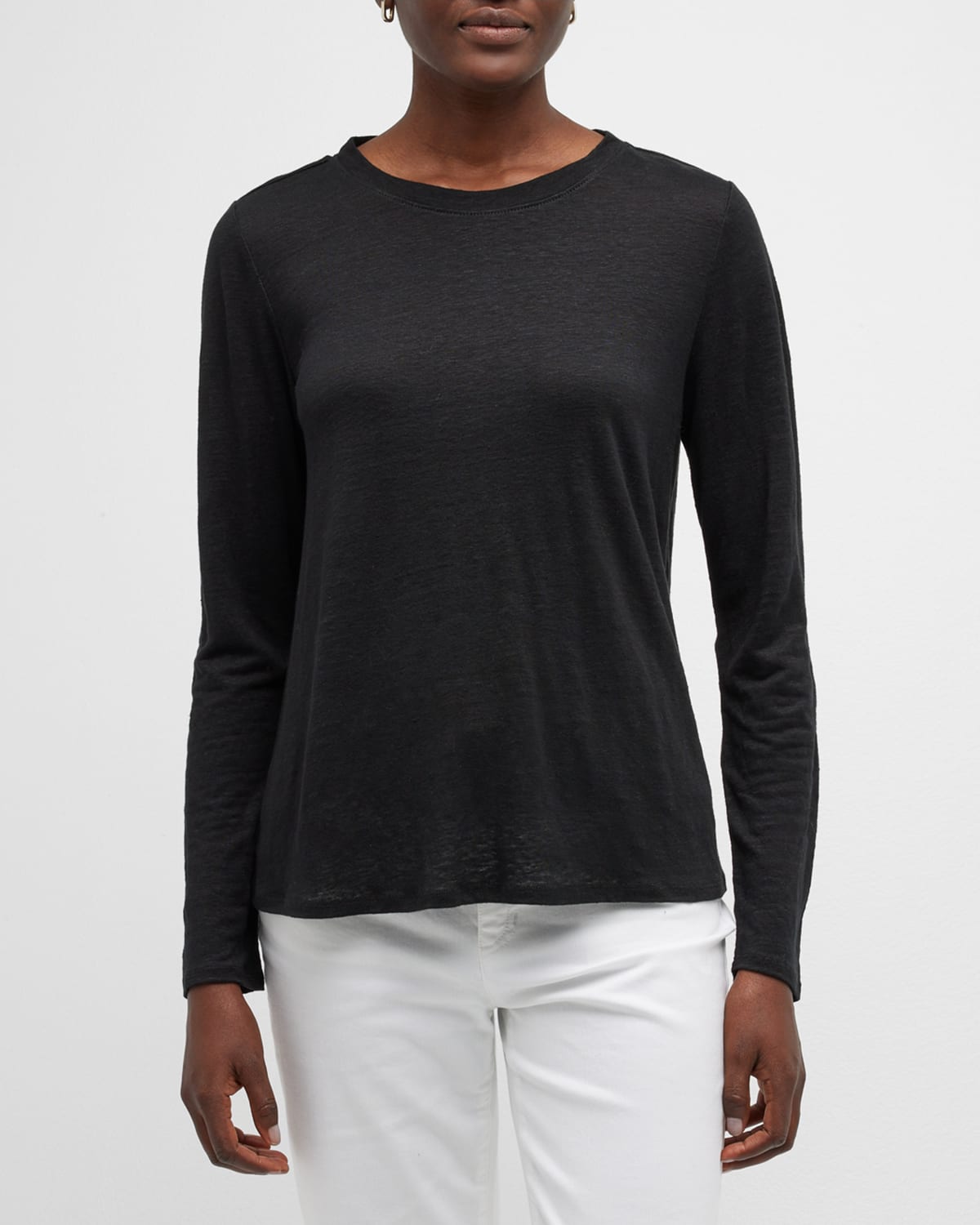 Eileen Fisher Long-sleeve Crewneck Organic Linen Shirt In Black